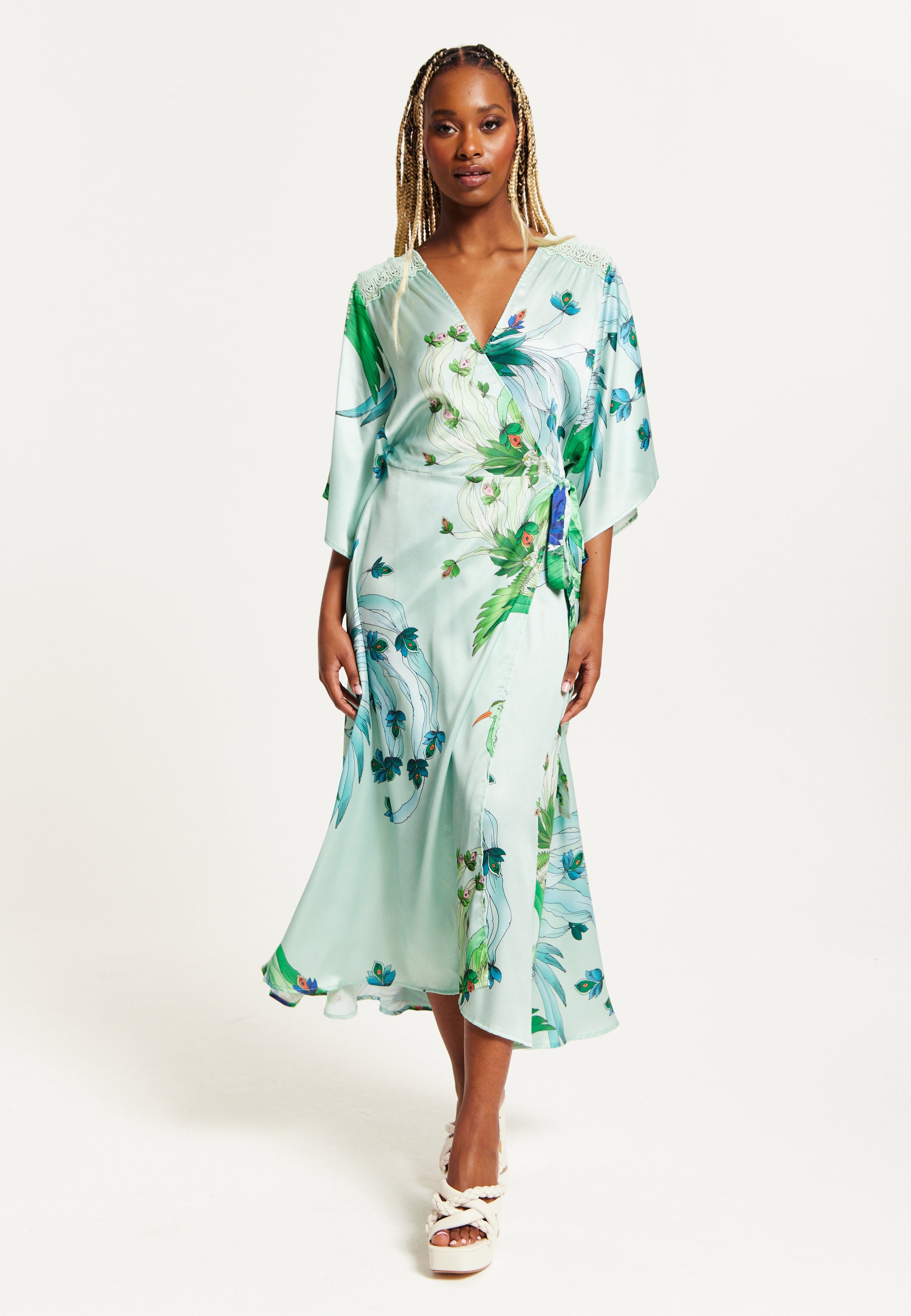 Women's Maxi Dress with Lace Details, V Neck, Flowy Mint Green Bird and Floral Print, Regular Fit, Liquorish