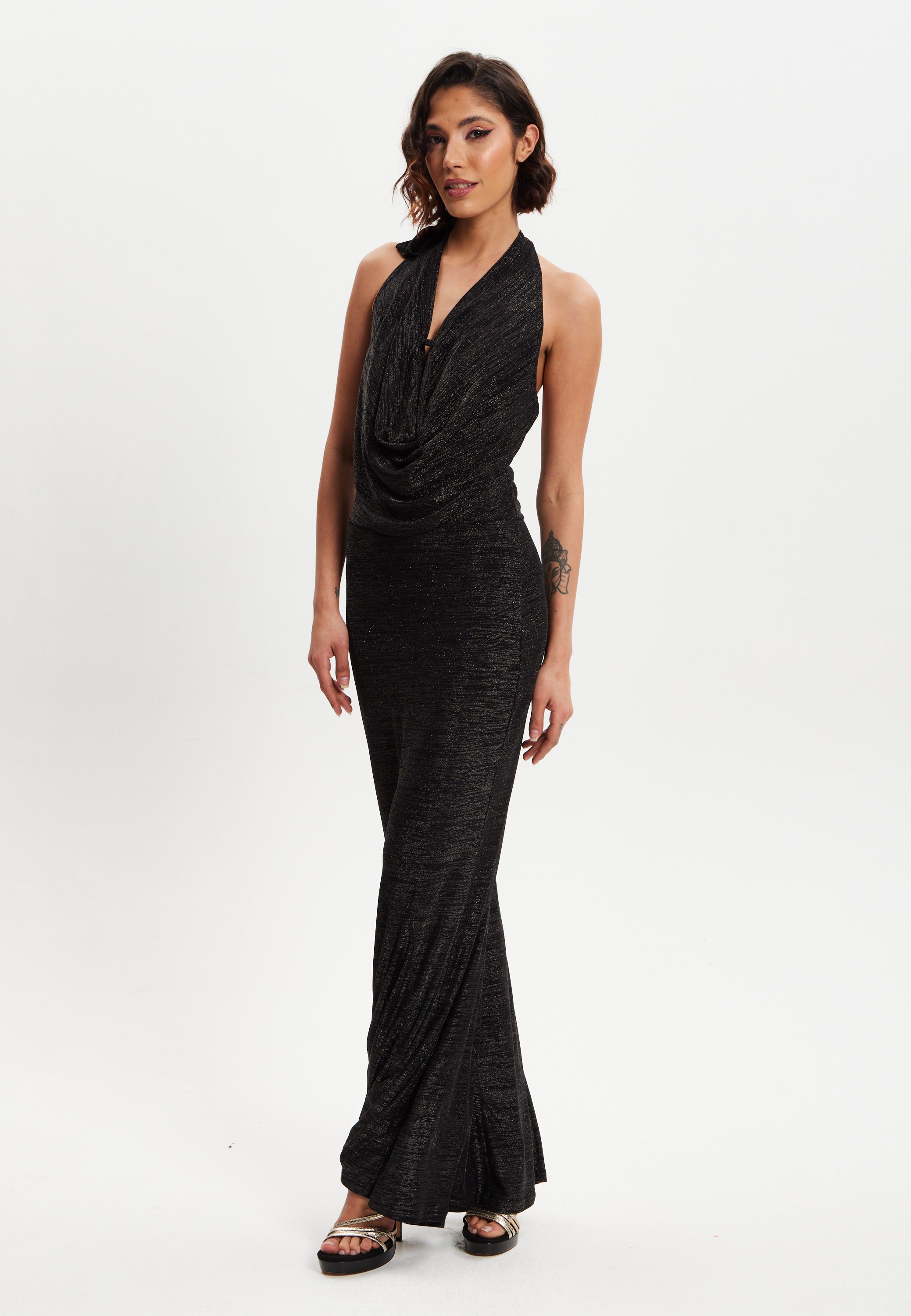 Women's Maxi Dress in Black with Halter Neck Tie, Bodycon Fit, Full Length, Elastic - Liquorish