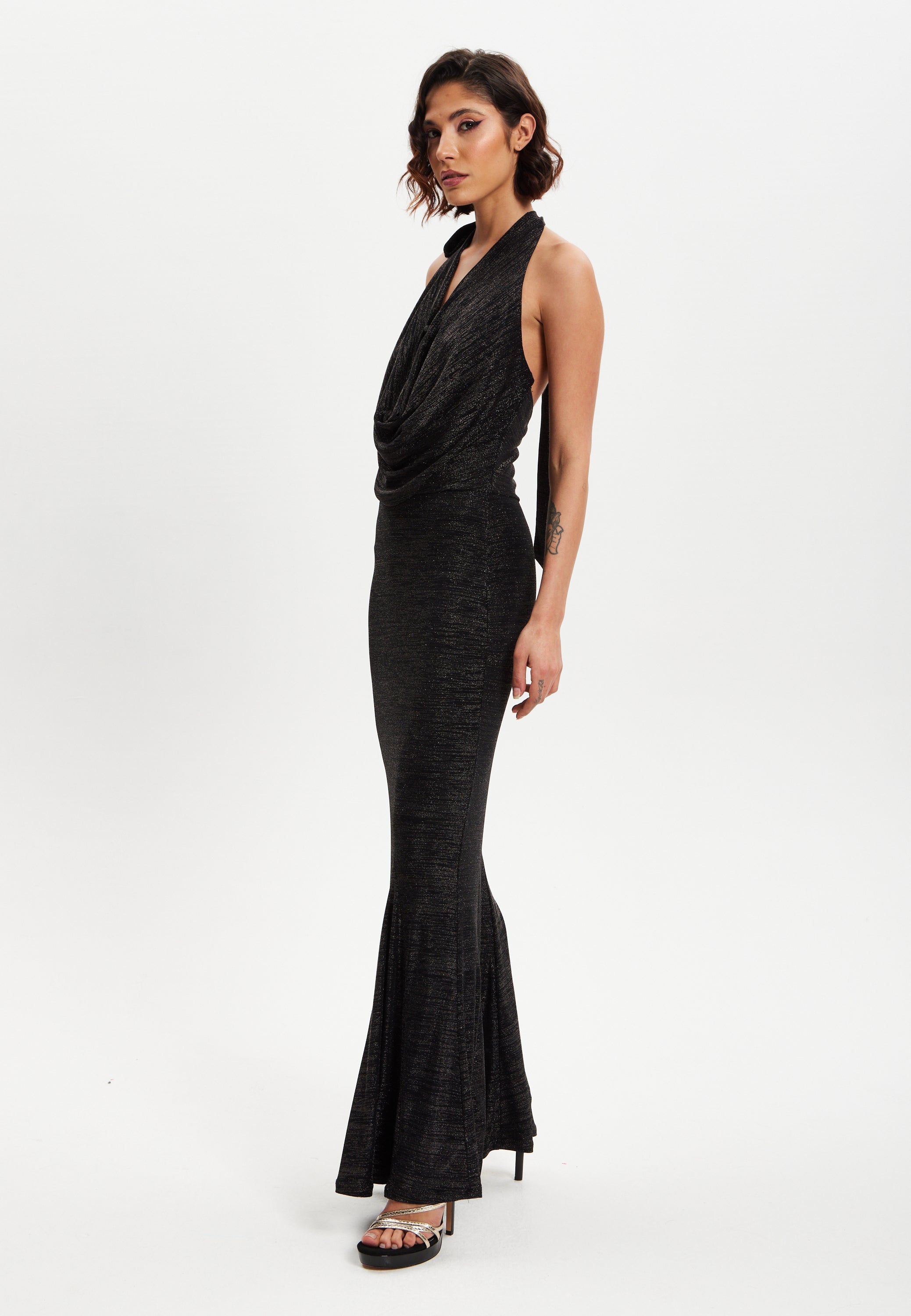 Women's Maxi Dress in Black with Halter Neck Tie, Bodycon Fit, Full Length, Elastic - Liquorish