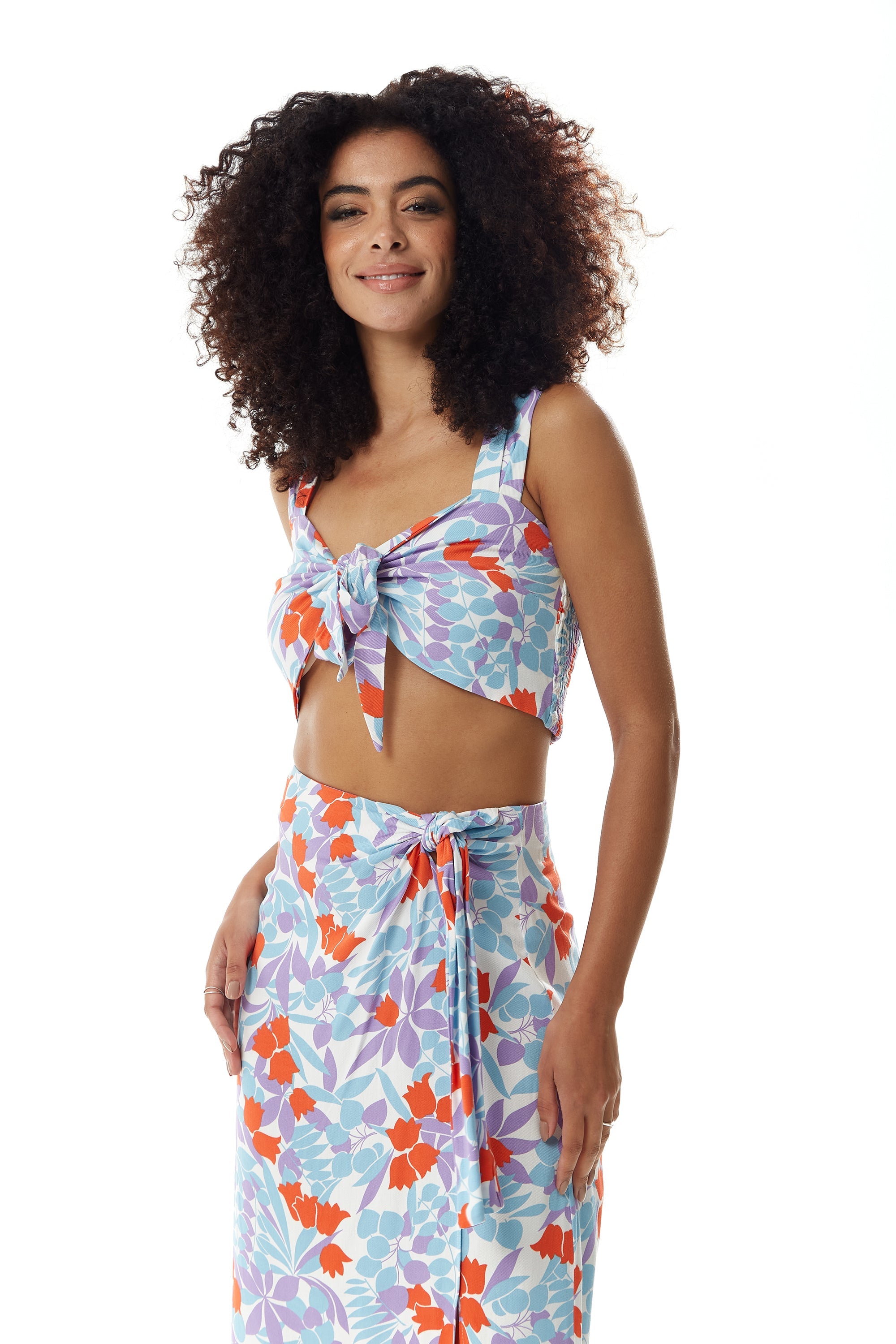 Women’s Tie Front Floral Print Crop Top in Blue and Red - Summer Perfect, Elasticated Back, Regular Fit, Co-ord Set.
