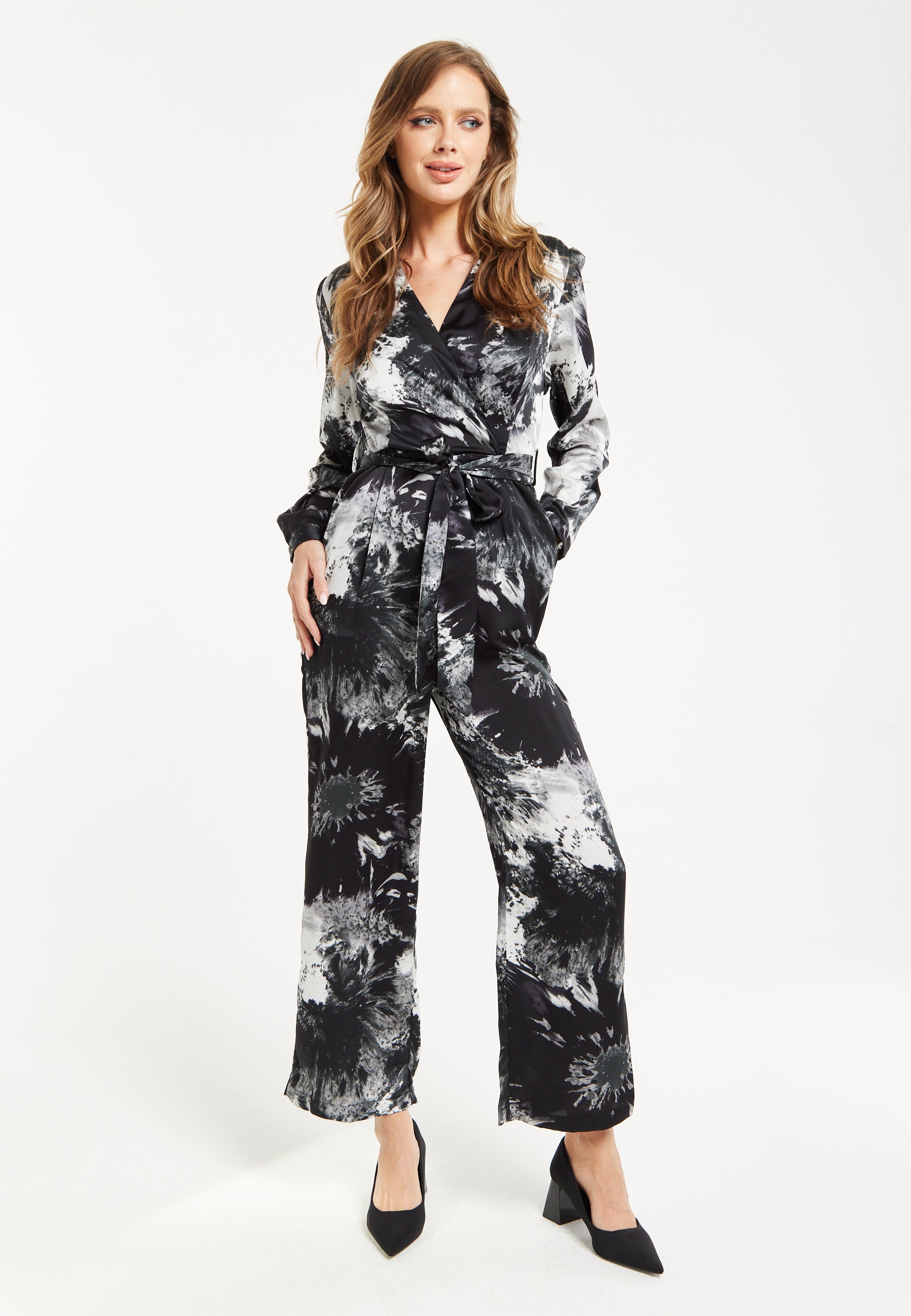 Women's Mono Abstract Print Long Sleeve Jumpsuit with Crossover Front and Tie Waist - Liquorish