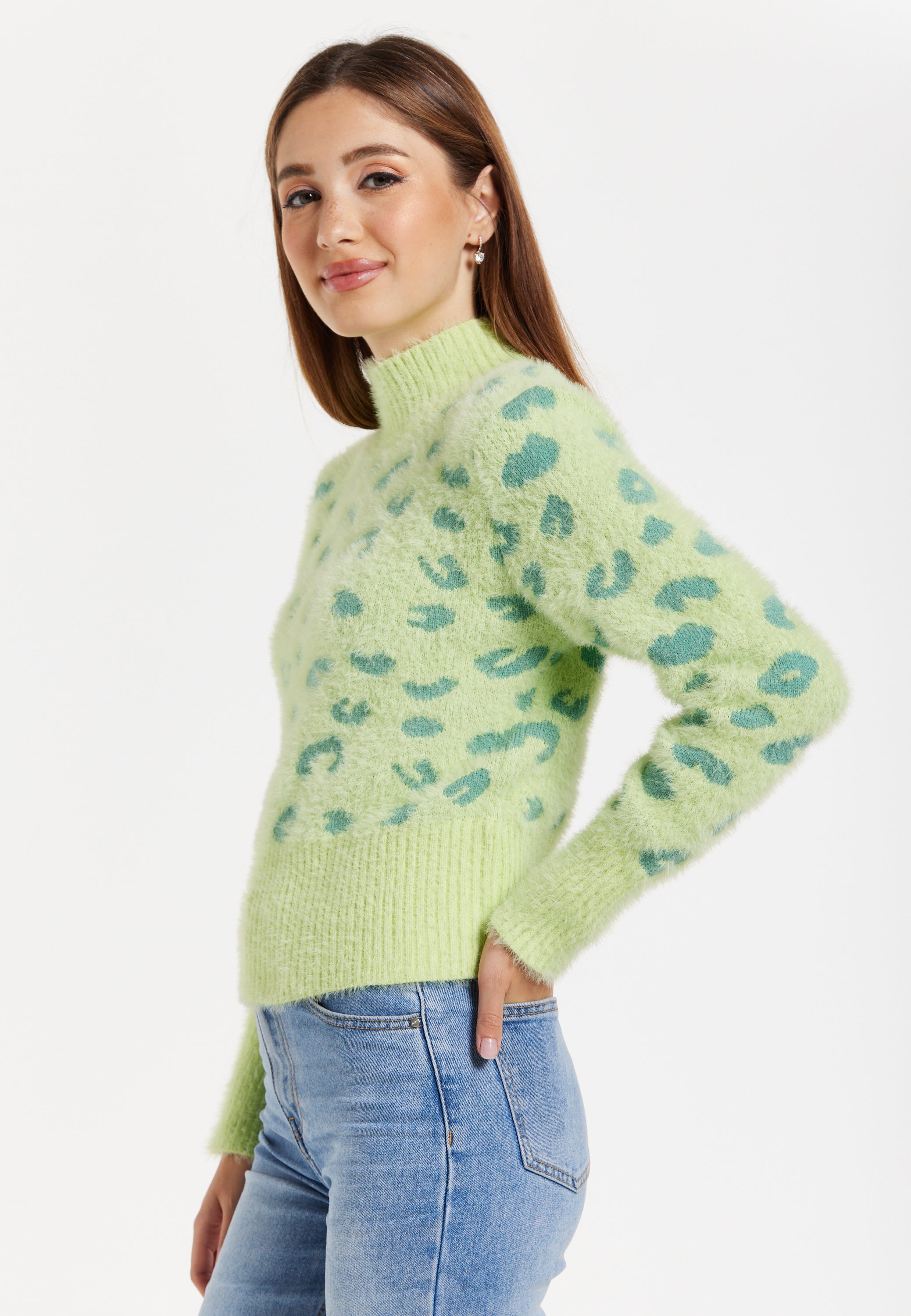 Women's Jumper in Green with Fluffy Texture, Leopard Print, Turtle Neck, and Long Sleeves - Regular Fit