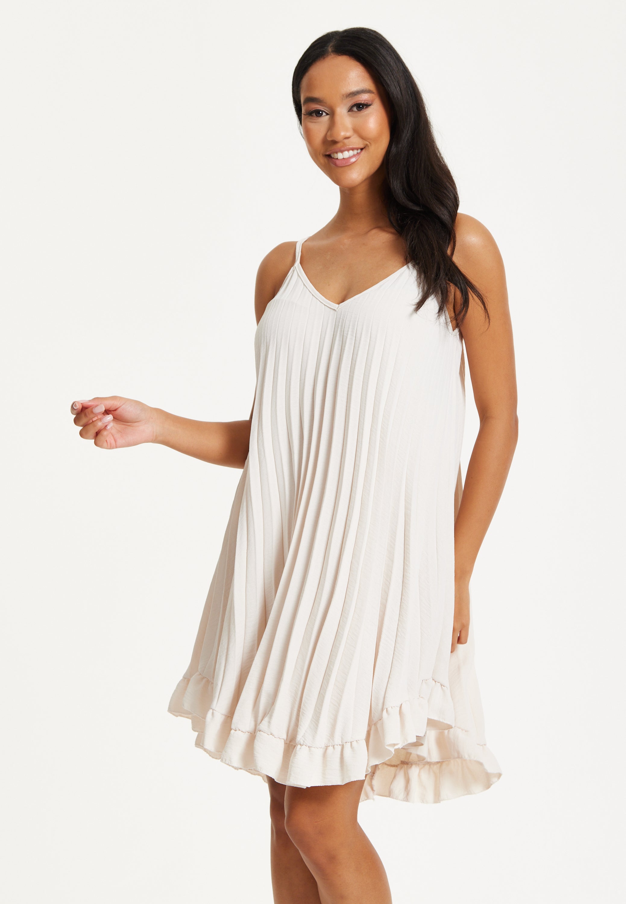 Beige Pleated Ruffle Mini Dress