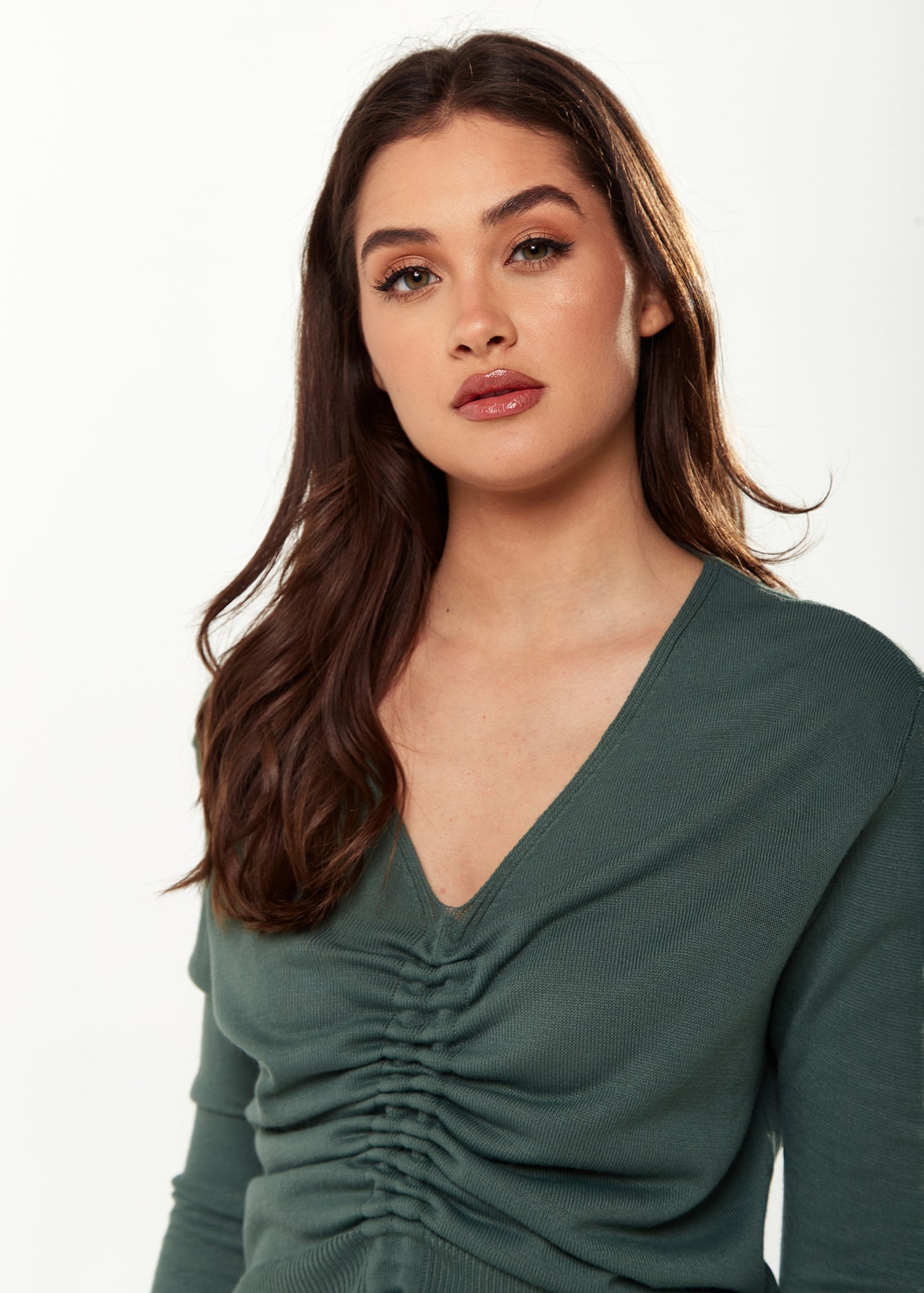 Women’s V-Neck Top with Ruching Detail in Green - Long Sleeves, Chic Design, Adjustable Fit, Versatile Style