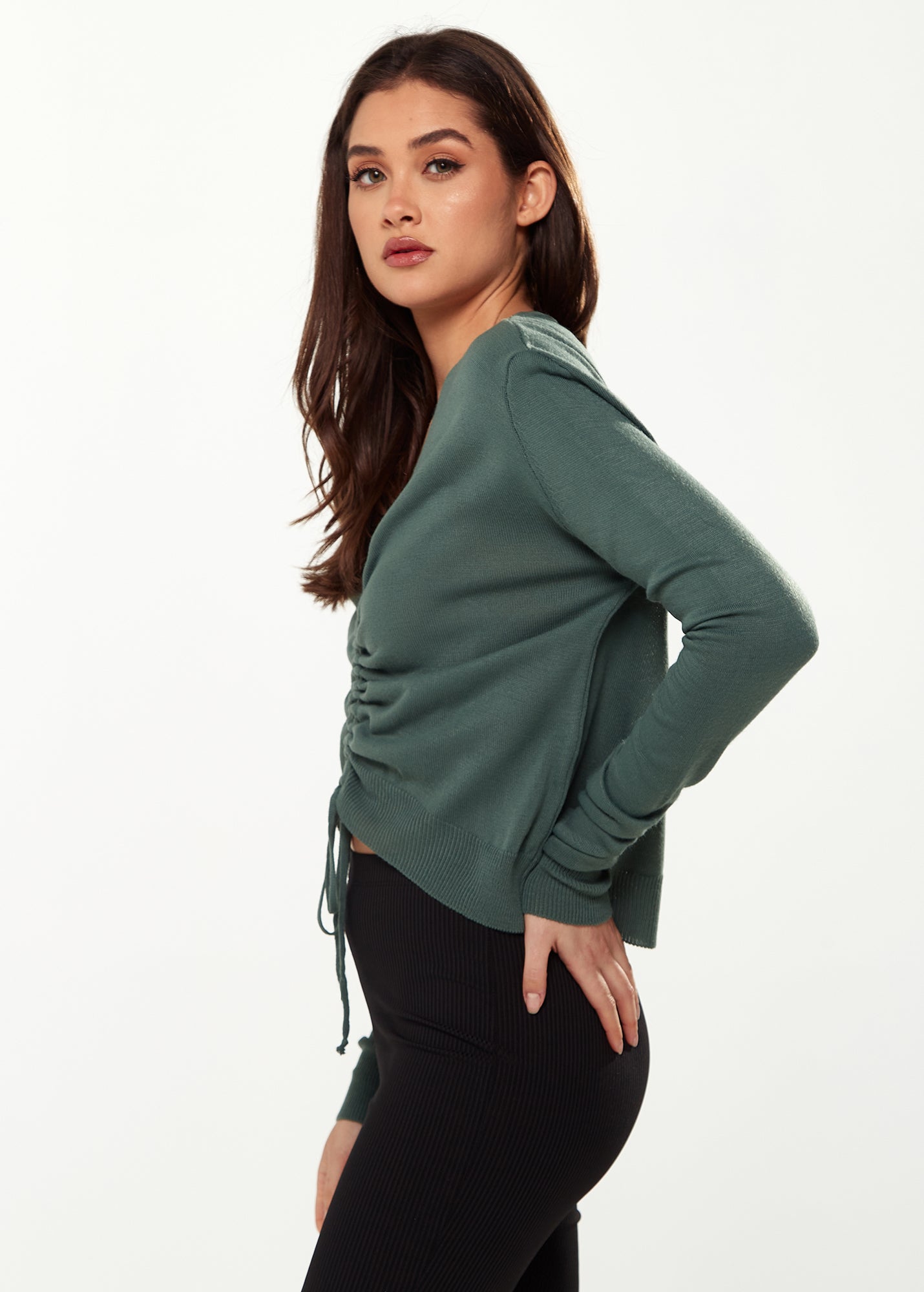 Women’s V-Neck Top with Ruching Detail in Green - Long Sleeves, Chic Design, Adjustable Fit, Versatile Style