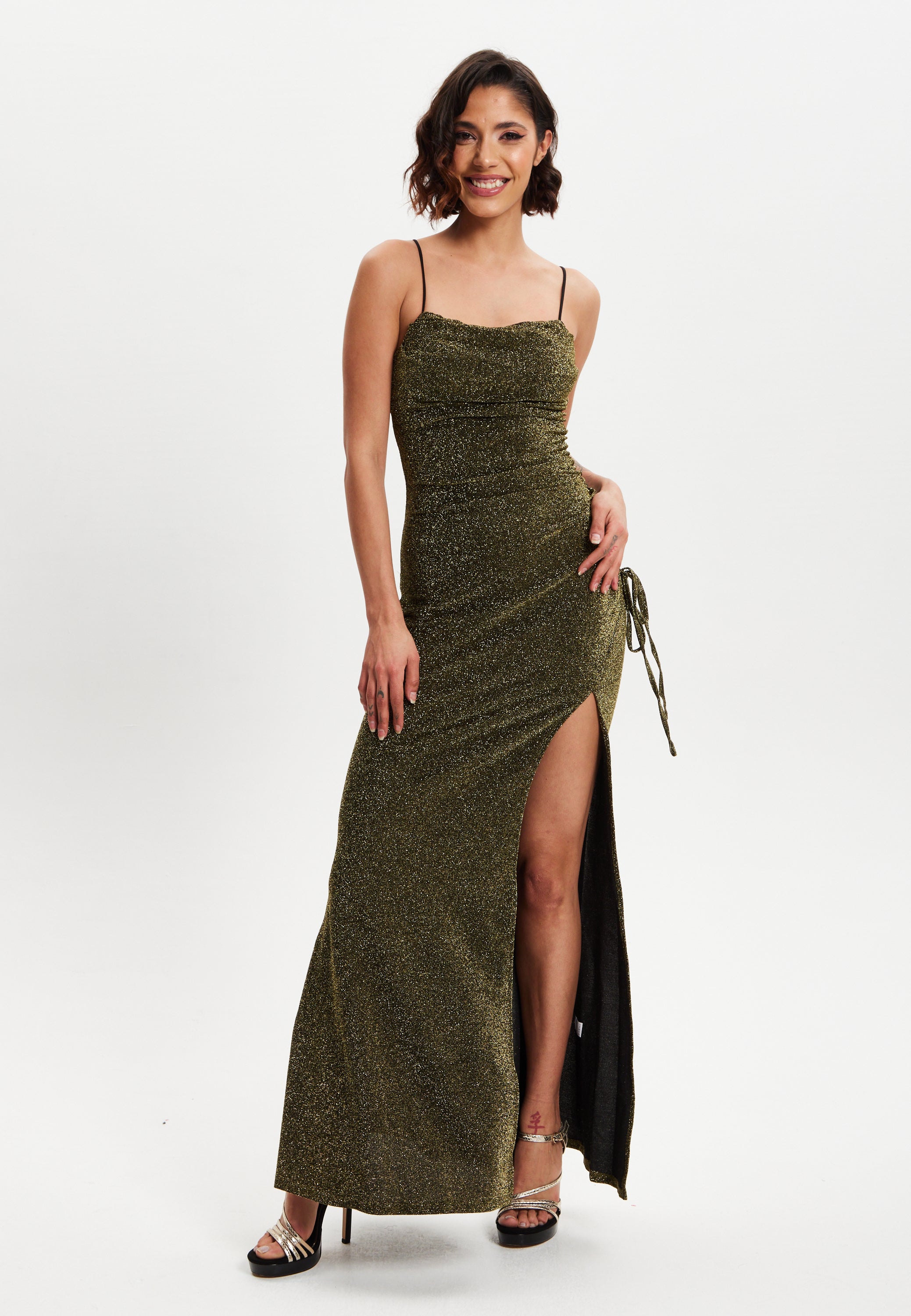 Women's Maxi Dress in Gold with Sleeveless Design and Thigh-High Split - Liquorish