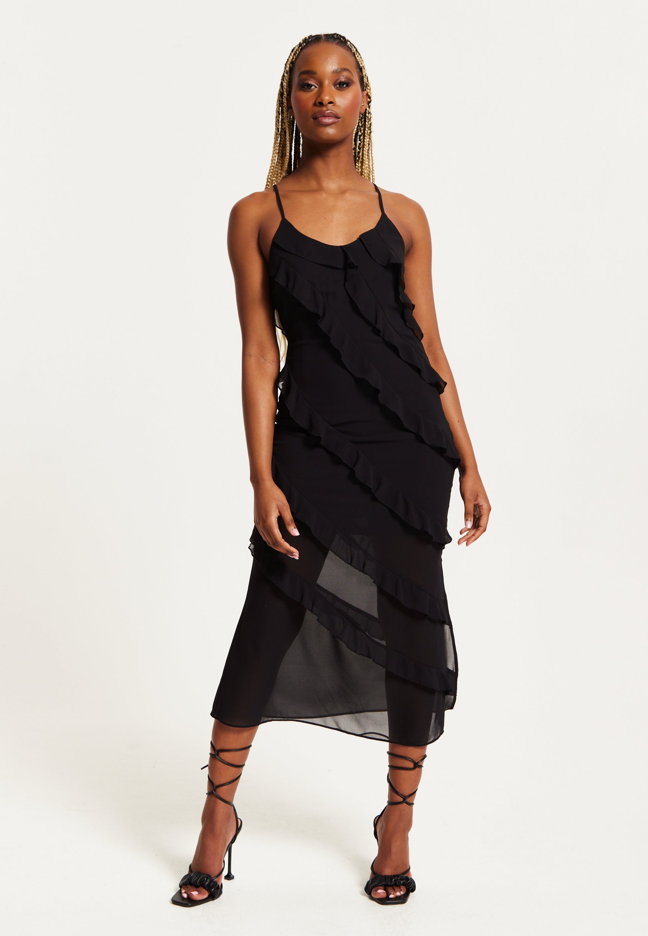 Women's Midi Dress with Spaghetti Straps and Diagonal Frill Detail in Black - Liquorish