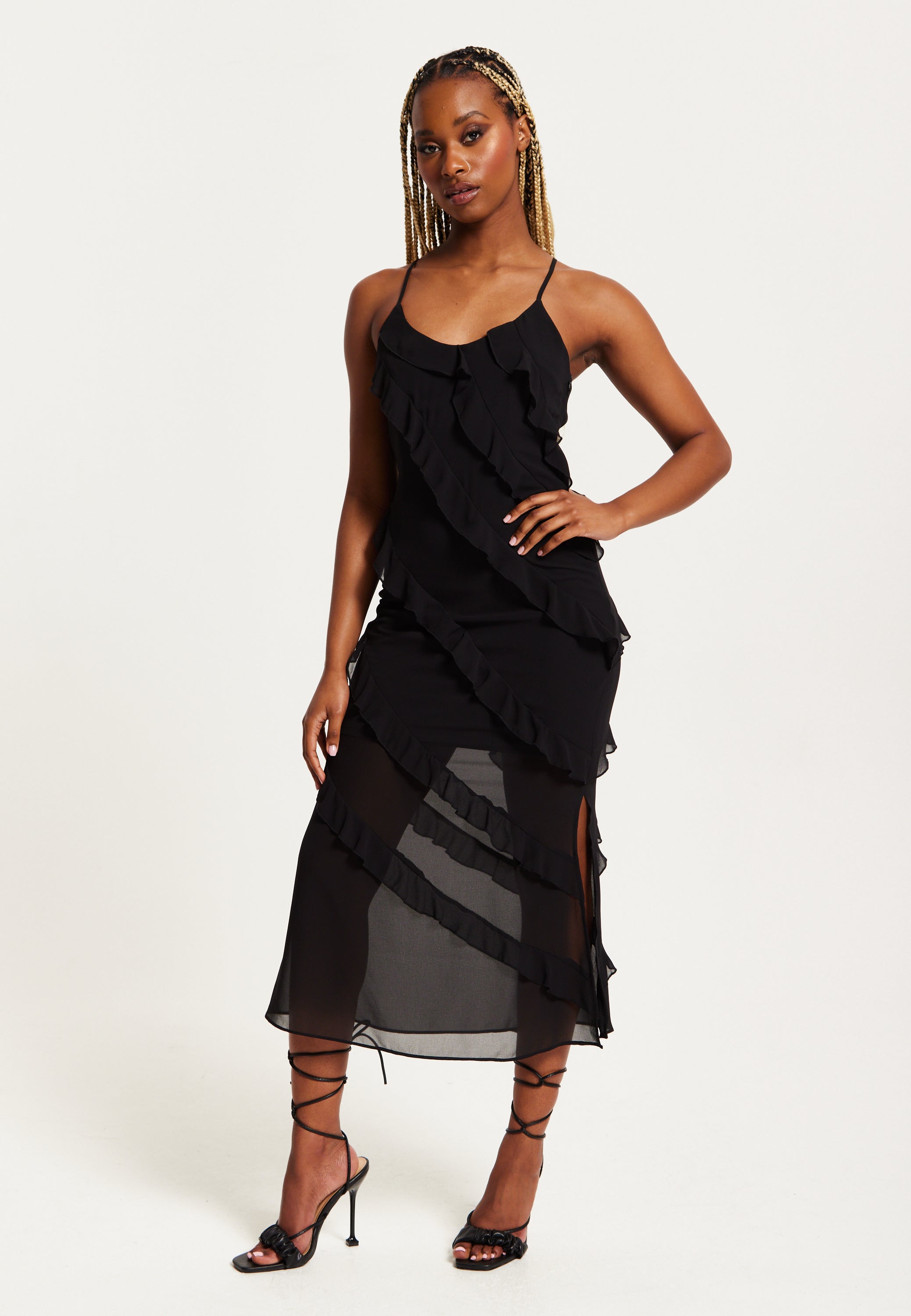 Women's Midi Dress with Spaghetti Straps and Diagonal Frill Detail in Black - Liquorish