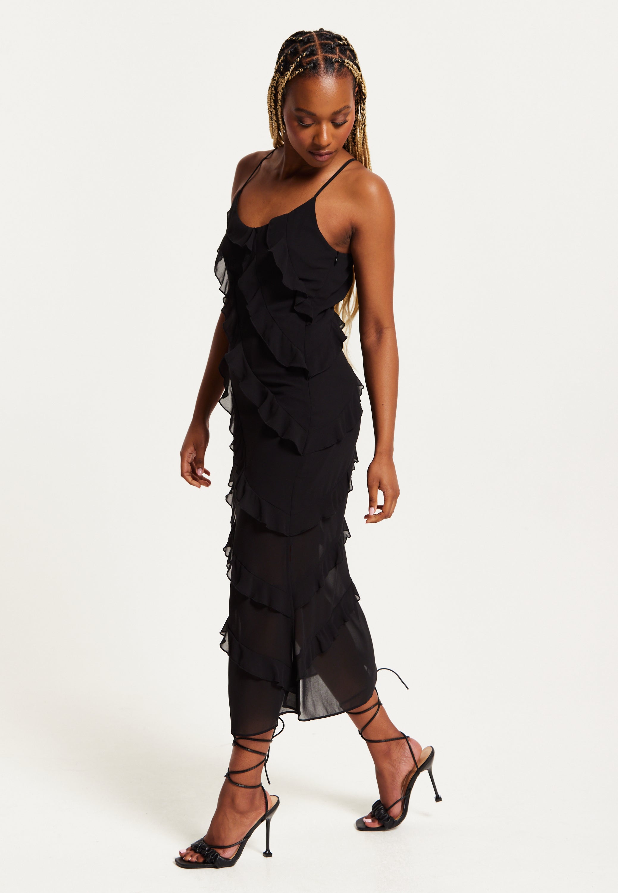 Women's Midi Dress with Spaghetti Straps and Diagonal Frill Detail in Black - Liquorish
