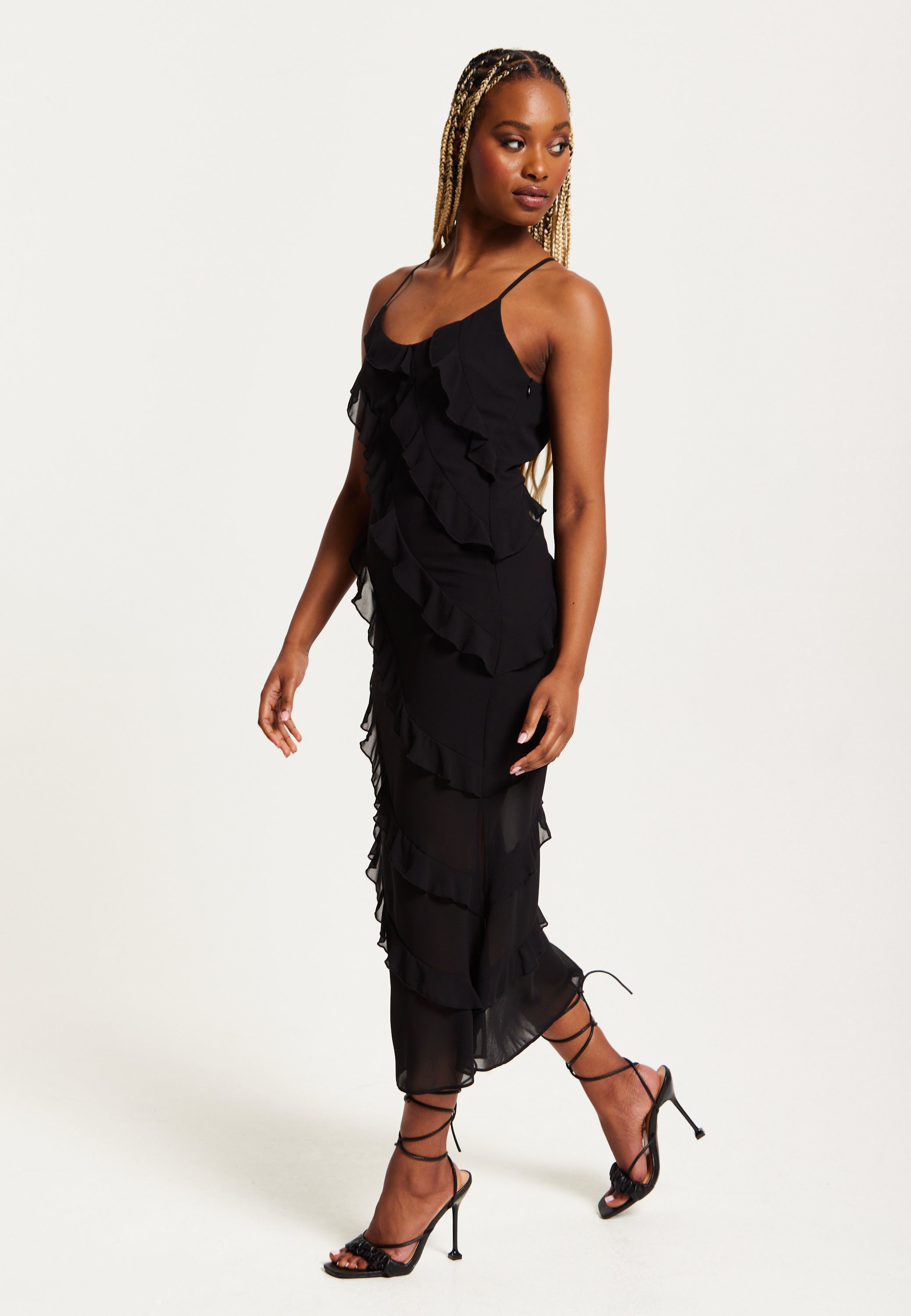 Women's Midi Dress with Spaghetti Straps and Diagonal Frill Detail in Black - Liquorish