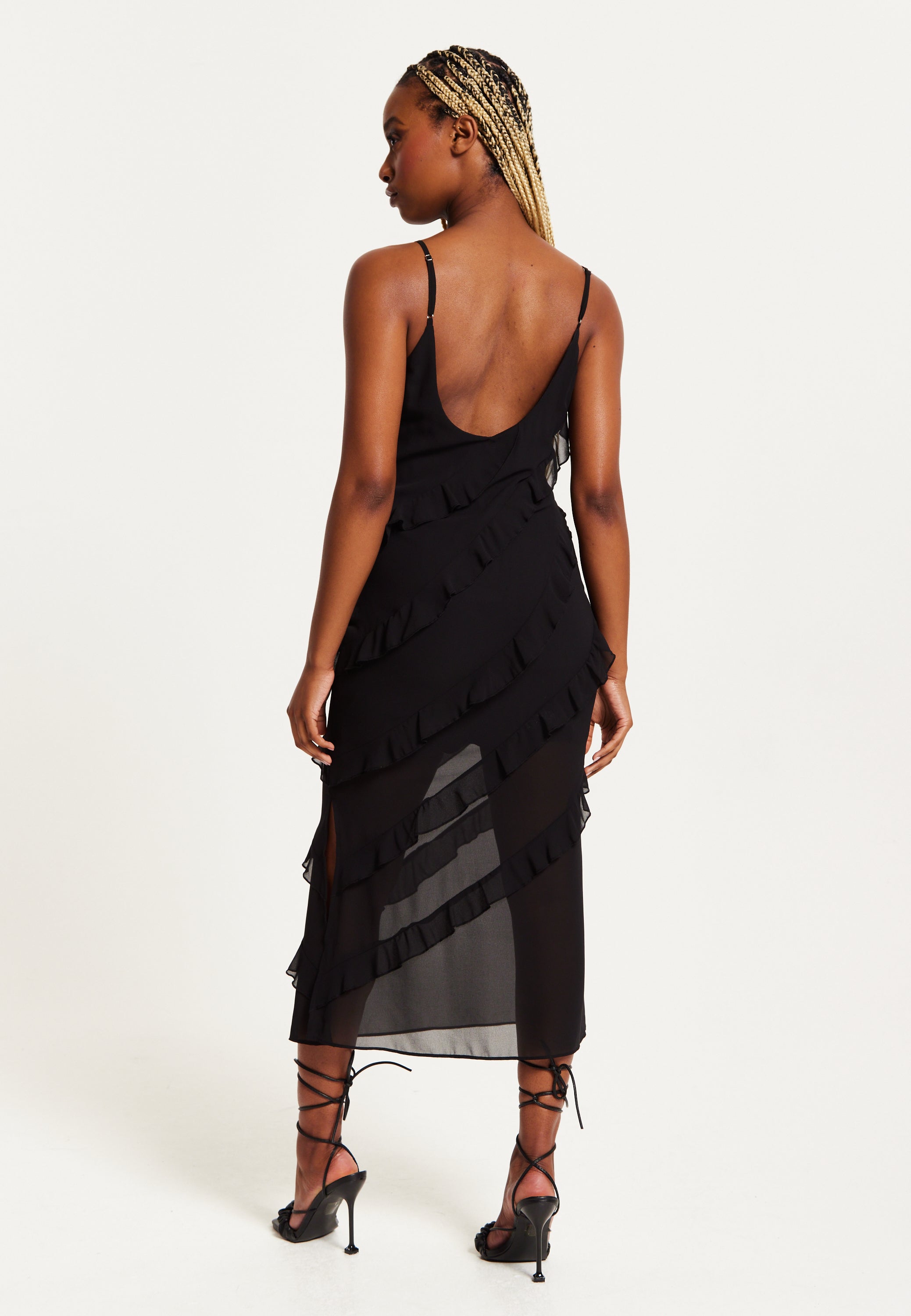 Women's Midi Dress with Spaghetti Straps and Diagonal Frill Detail in Black - Liquorish