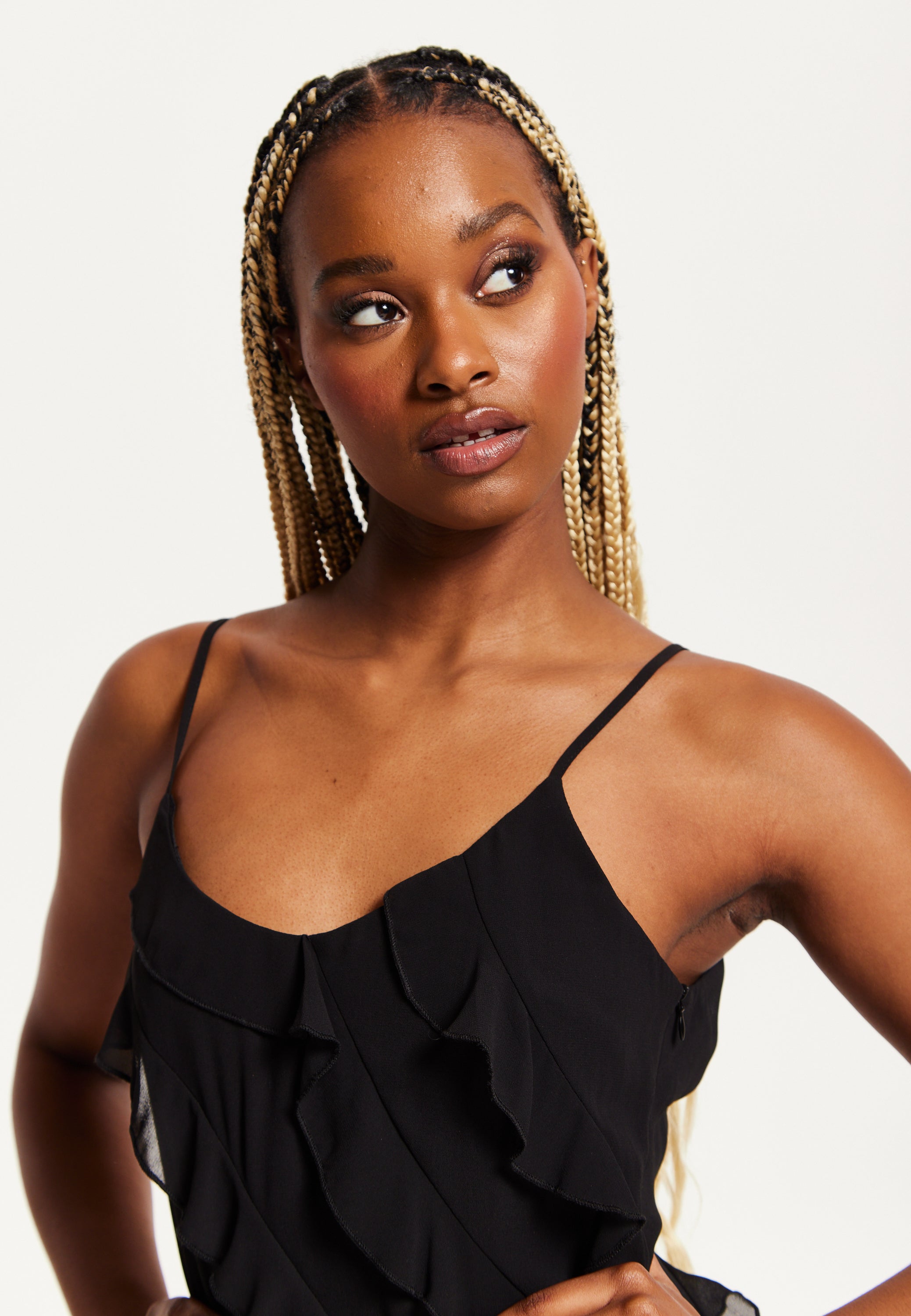 Women's Midi Dress with Spaghetti Straps and Diagonal Frill Detail in Black - Liquorish