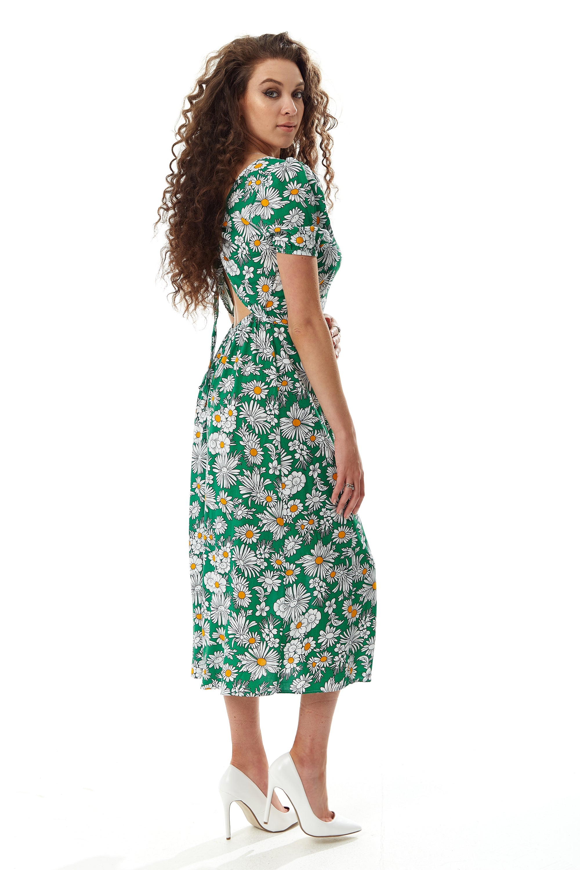 Women's Midi Dress in Floral Print with Short Sleeves and Cut Out Back - Liquorish