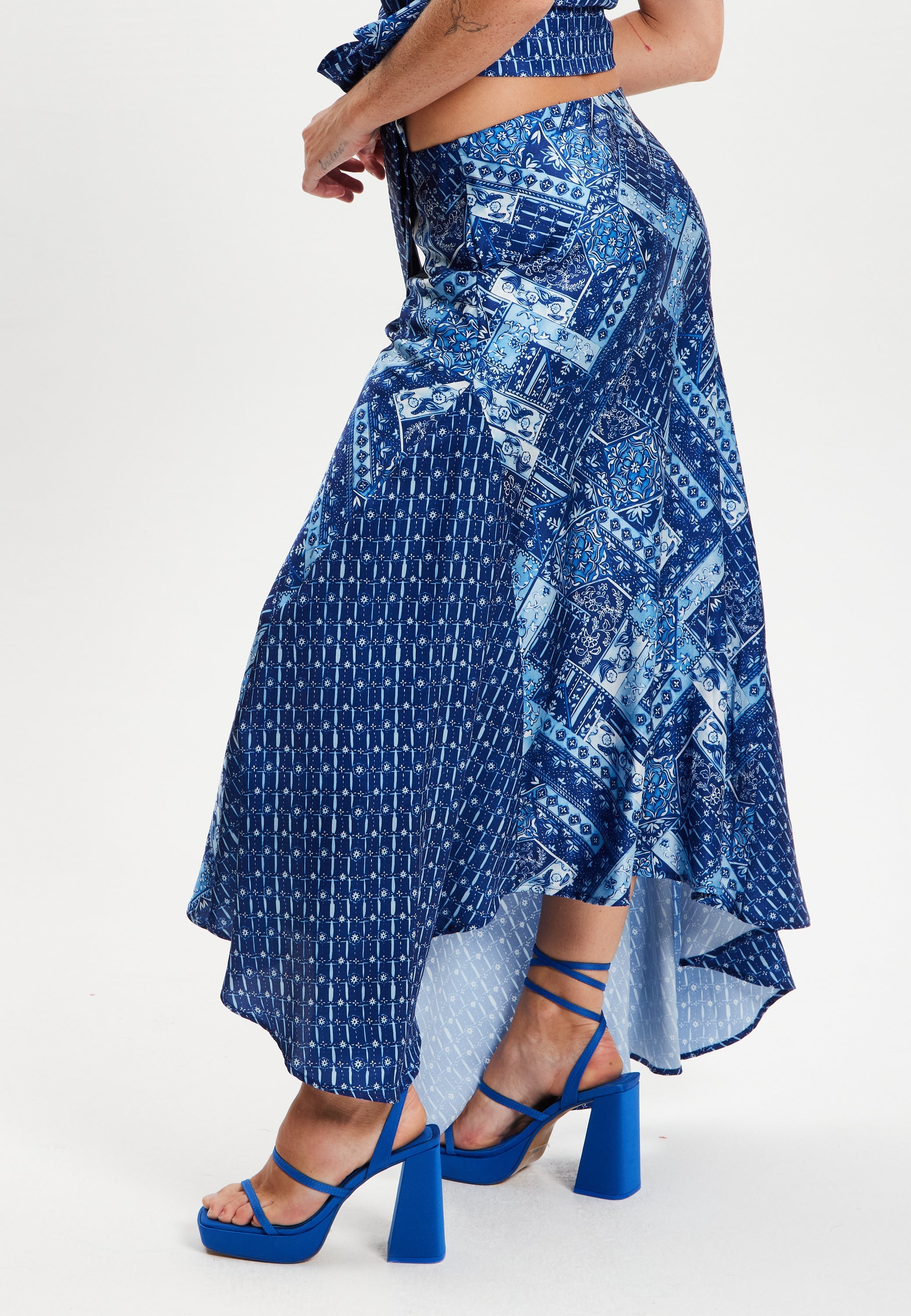 Women's Midi Asymmetric Scarf Print Skirt in Colorful Design with Regular Fit - Liquorish