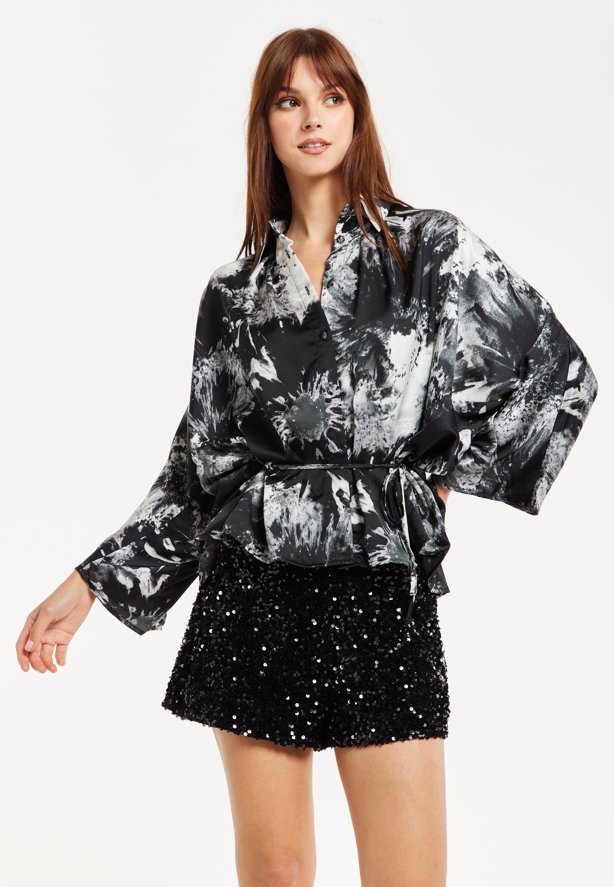Women's Abstract Print Shirt with Long Sleeves, Button Up Front, Matching Tie Waist, and Shirt Collar - Regular Fit
