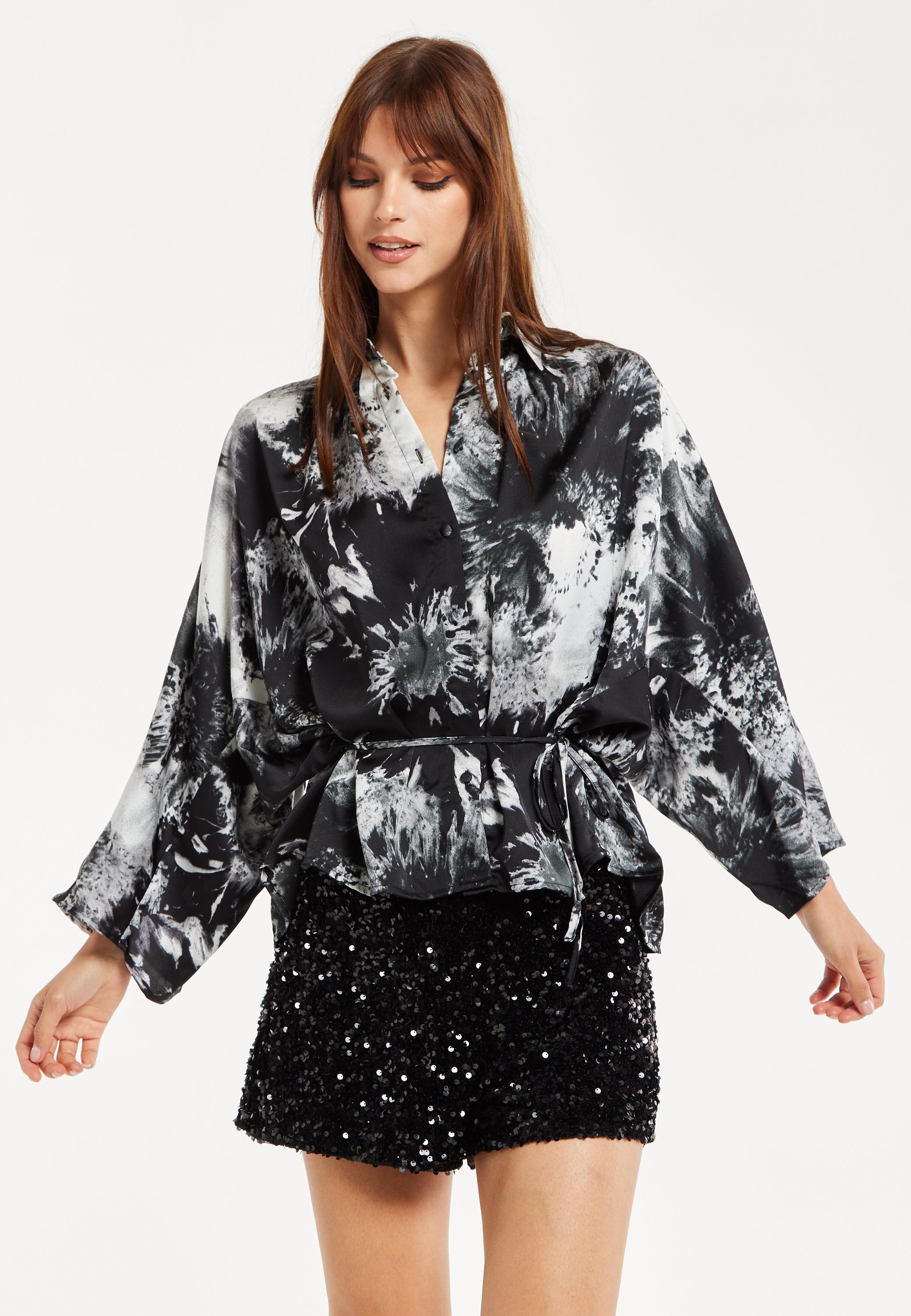 Women's Abstract Print Shirt with Long Sleeves, Button Up Front, Matching Tie Waist, and Shirt Collar - Regular Fit