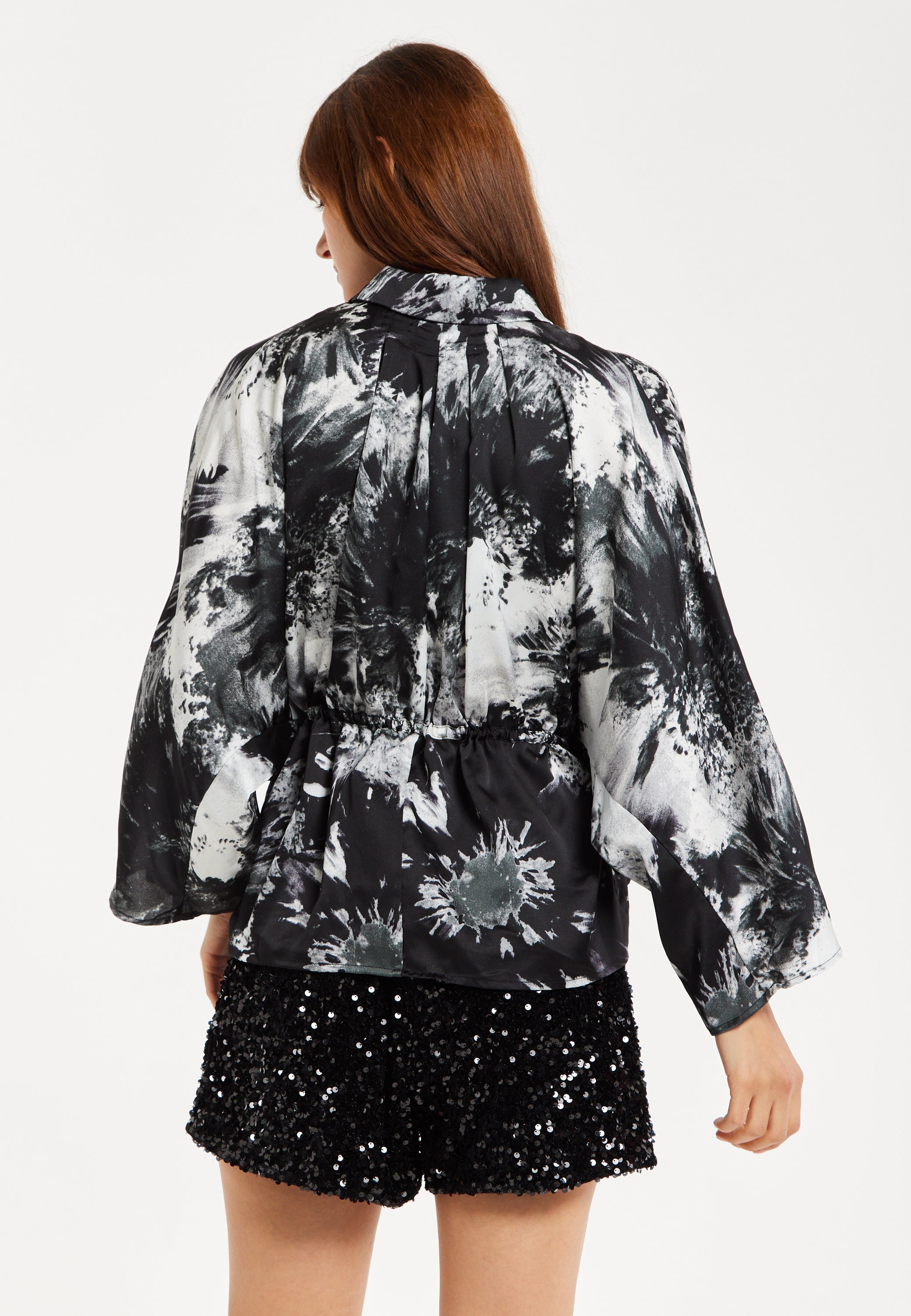 Women's Abstract Print Shirt with Long Sleeves, Button Up Front, Matching Tie Waist, and Shirt Collar - Regular Fit