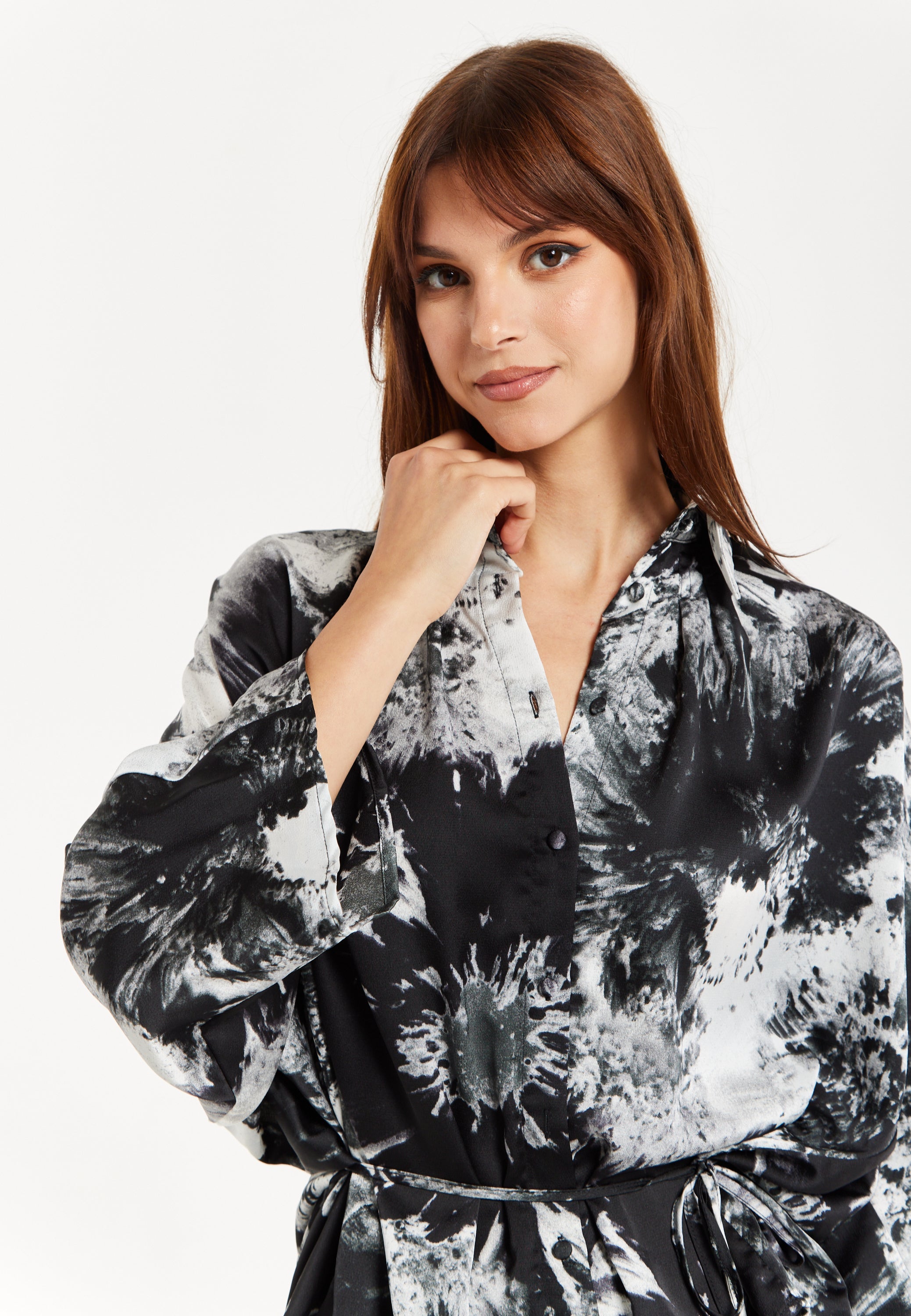 Women's Abstract Print Shirt with Long Sleeves, Button Up Front, Matching Tie Waist, and Shirt Collar - Regular Fit