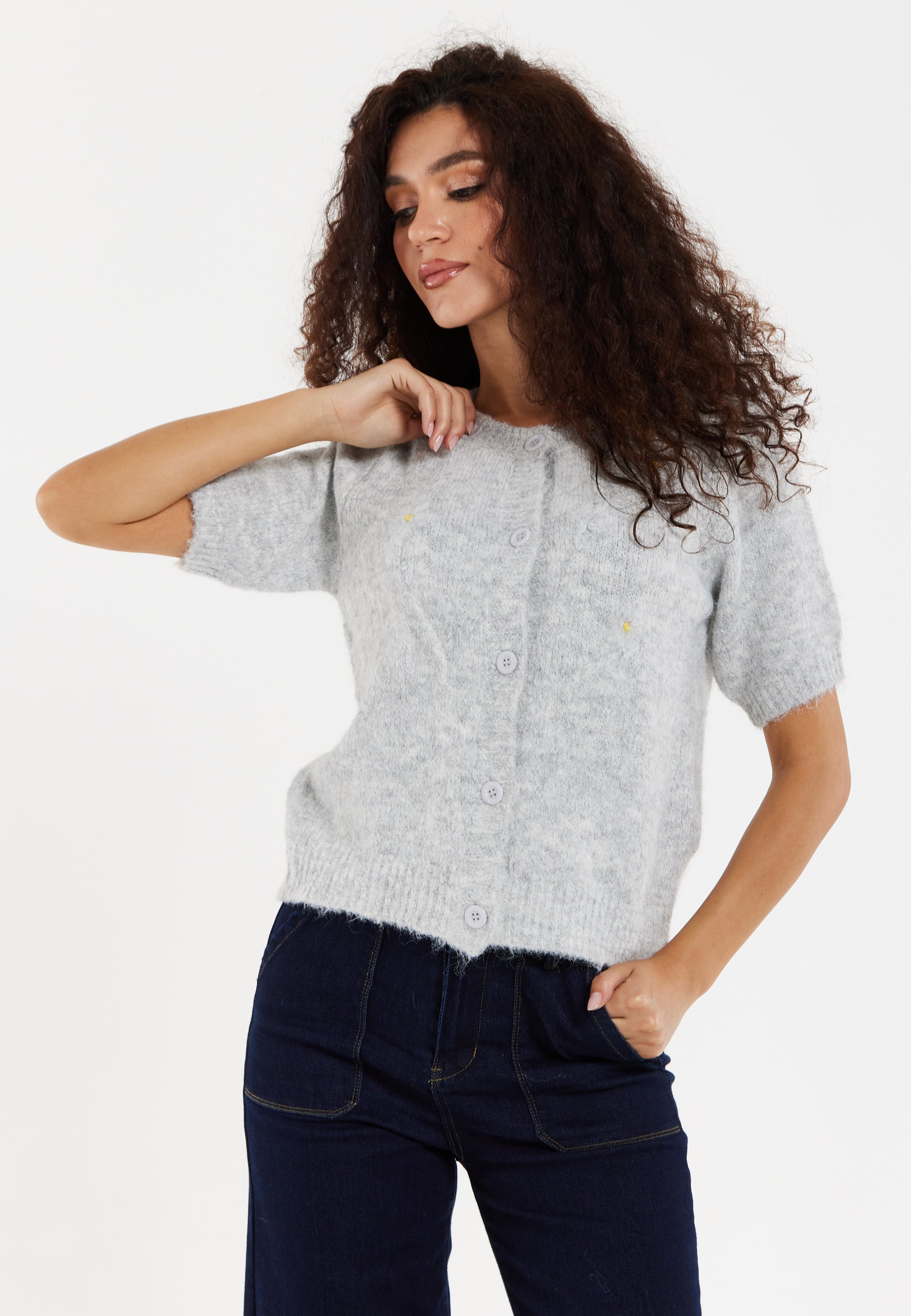 Women's Cardigan Grey Floral Knitted Short Sleeve with Button Down Style - Liquorish