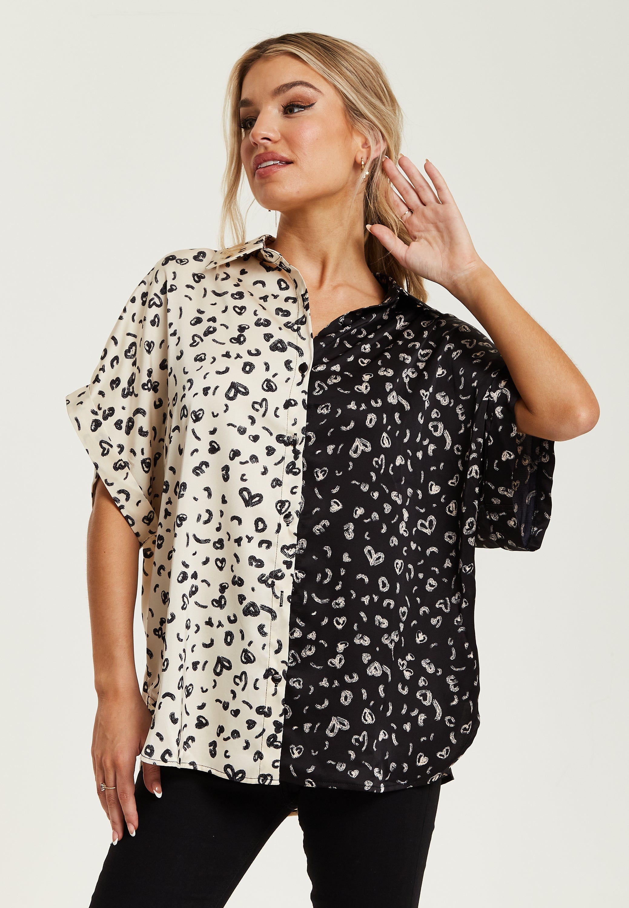 Women's Monochrome Heart Print Short Sleeve Shirt with Button Up Front and Contrast Colors, Regular Fit