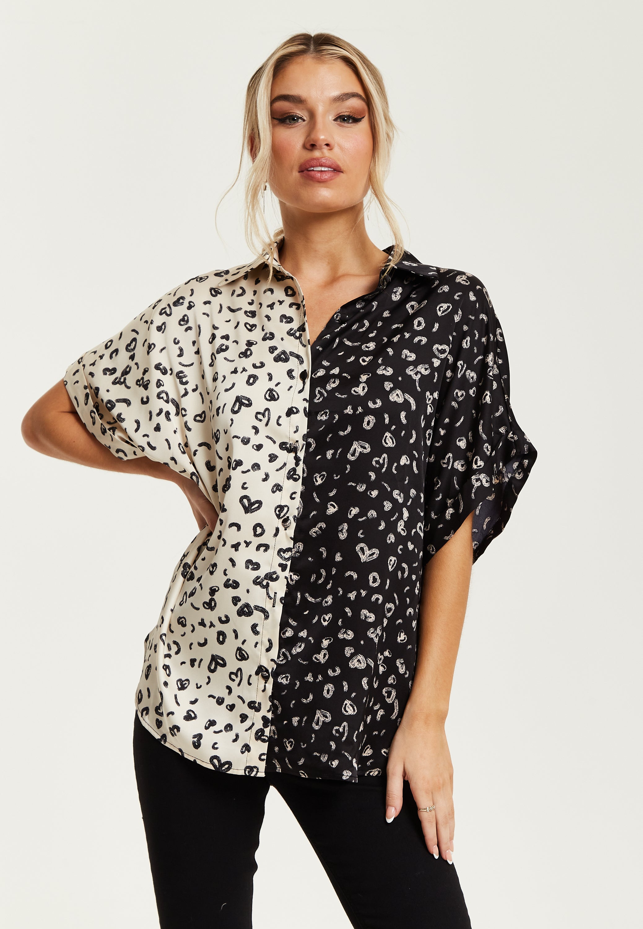 Women's Monochrome Heart Print Short Sleeve Shirt with Button Up Front and Contrast Colors, Regular Fit