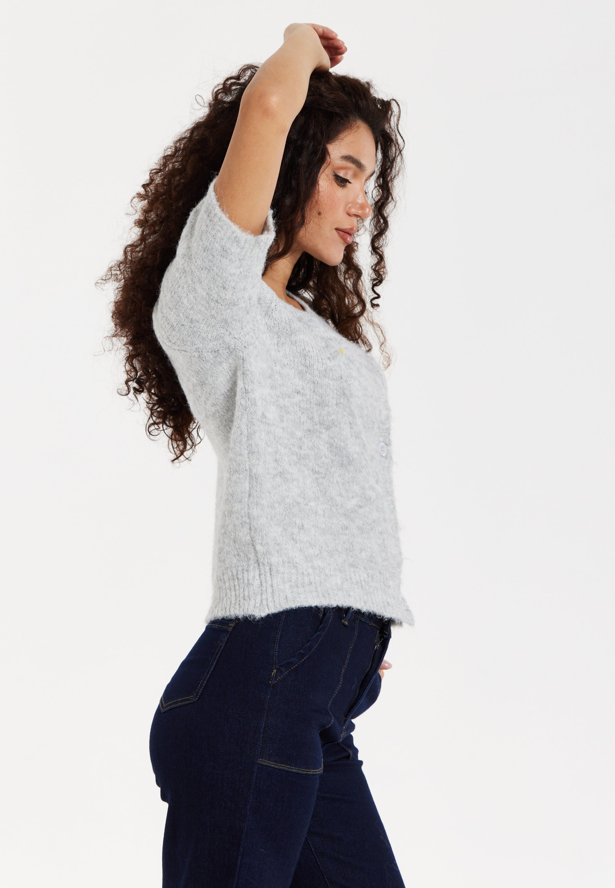 Women's Cardigan Grey Floral Knitted Short Sleeve with Button Down Style - Liquorish