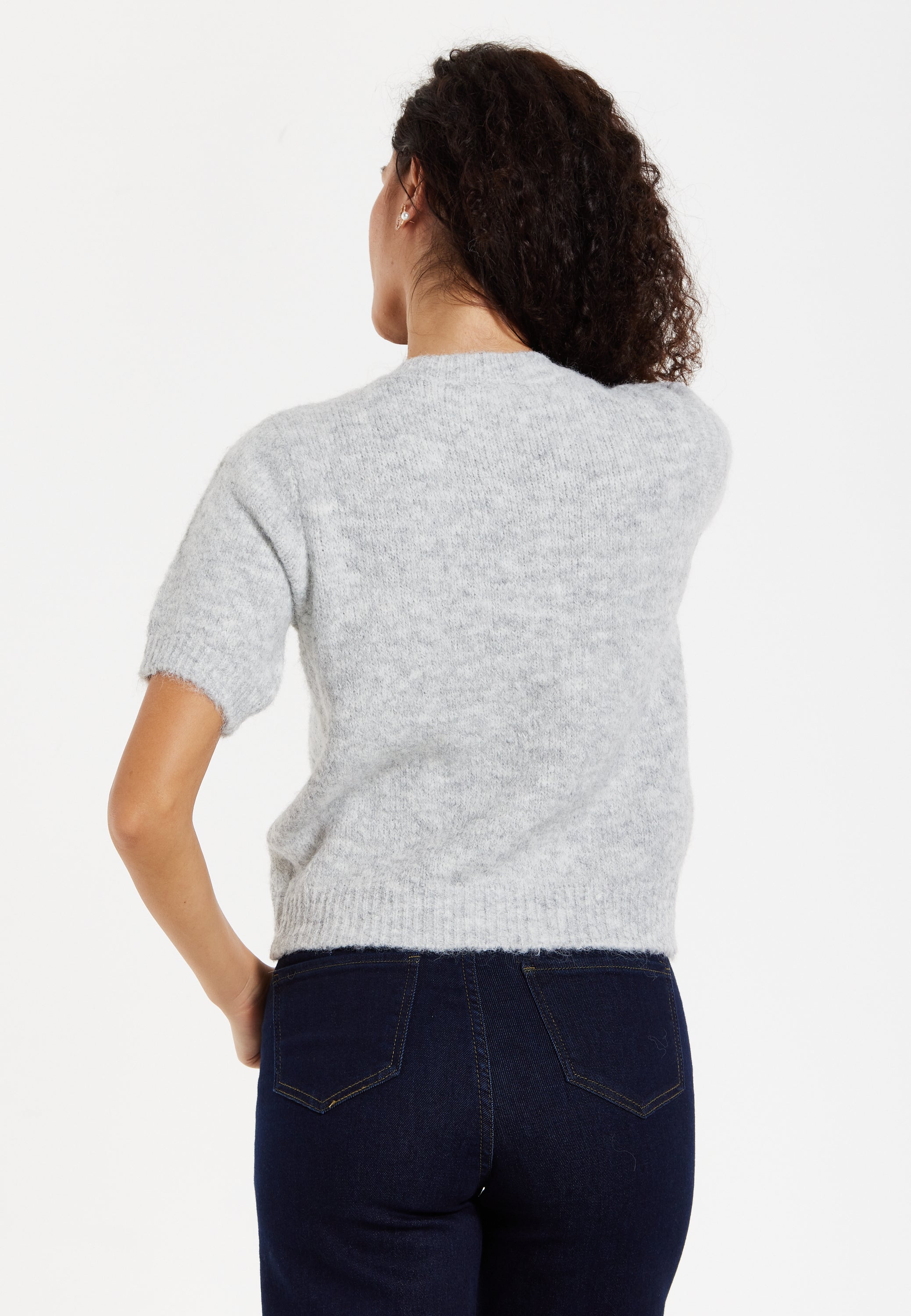 Women's Cardigan Grey Floral Knitted Short Sleeve with Button Down Style - Liquorish