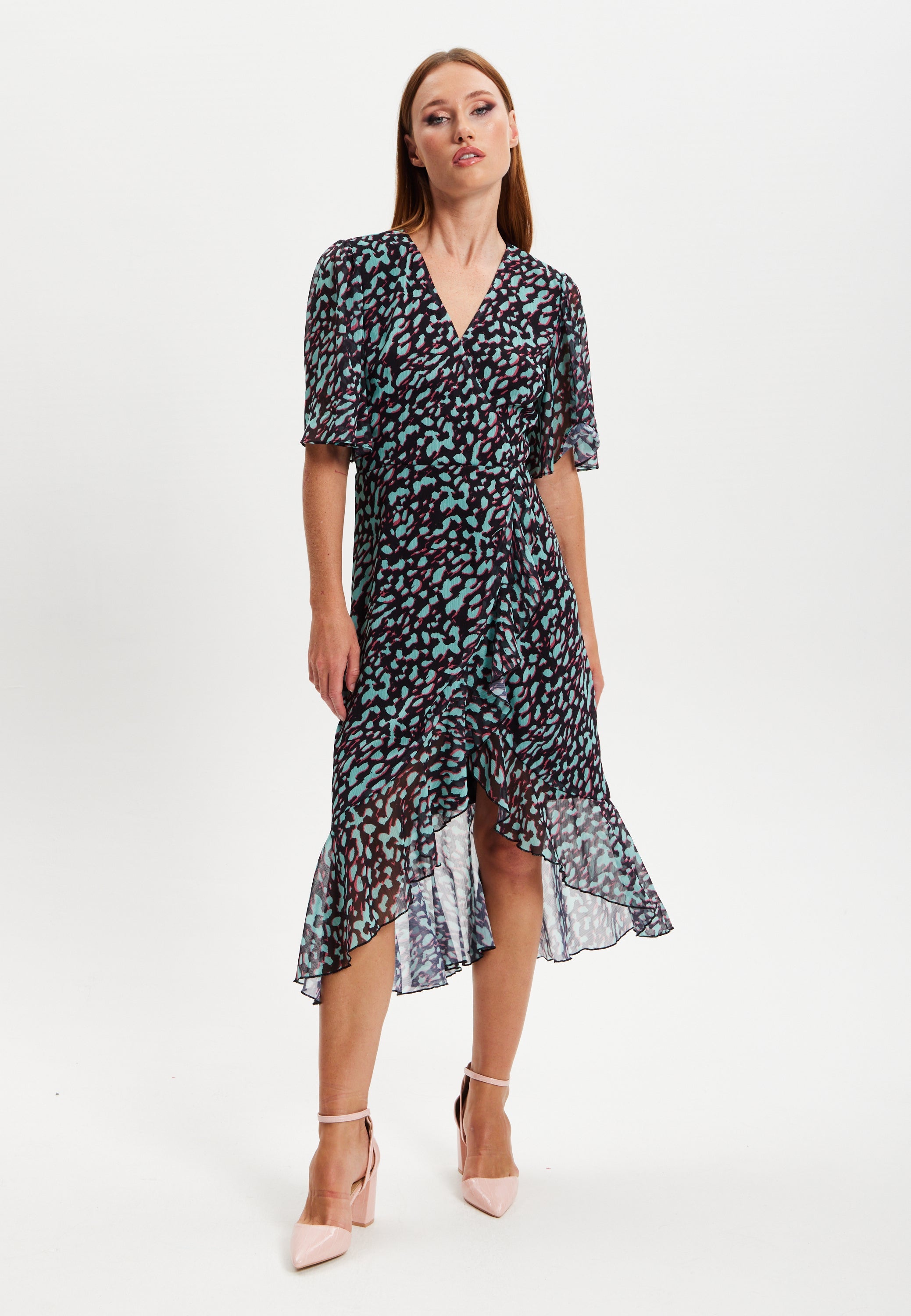 Women's Midi Dress with V-Neck and Long Sleeves in Animal Print Organza - Liquorish