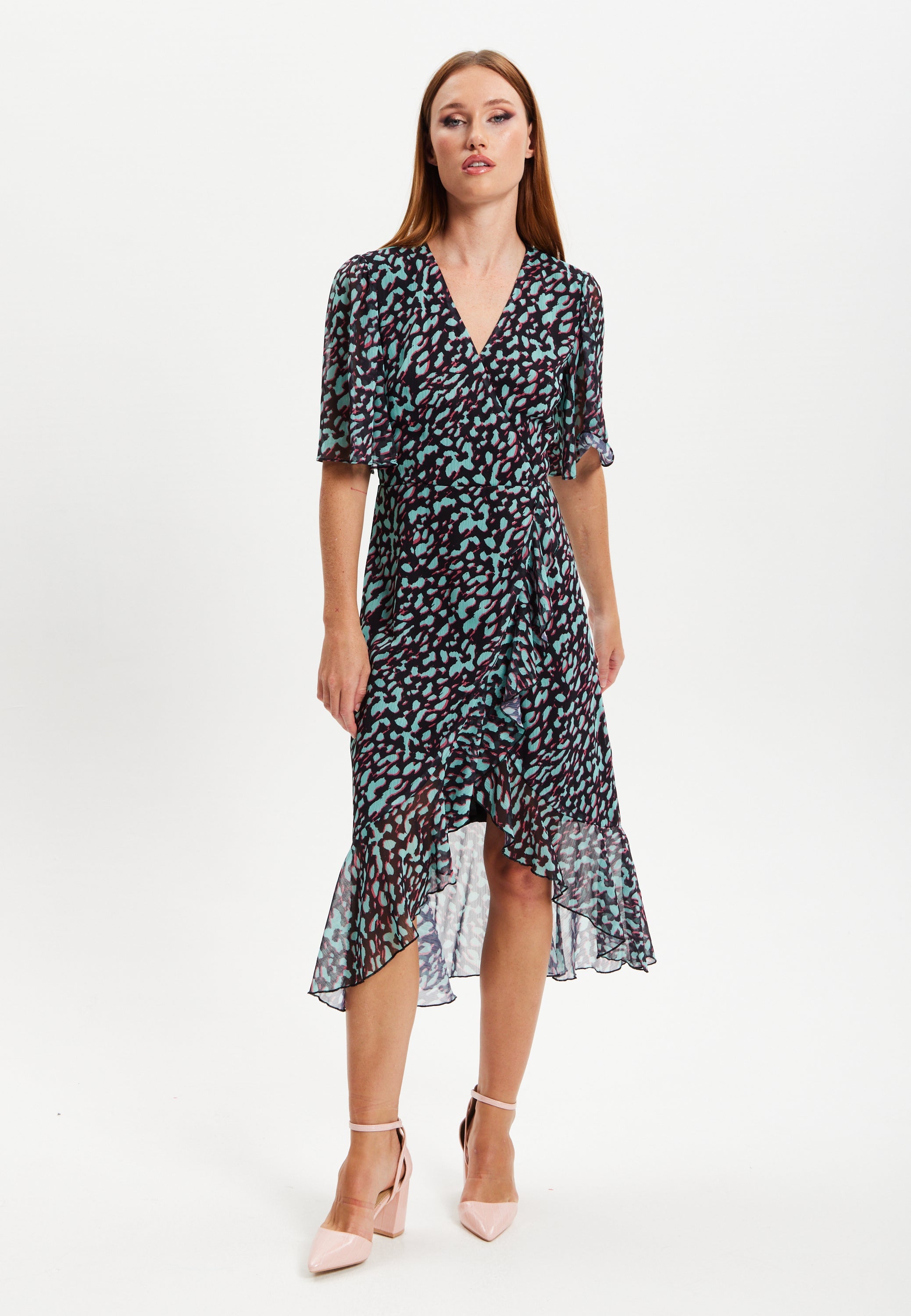 Women's Midi Dress with V-Neck and Long Sleeves in Animal Print Organza - Liquorish