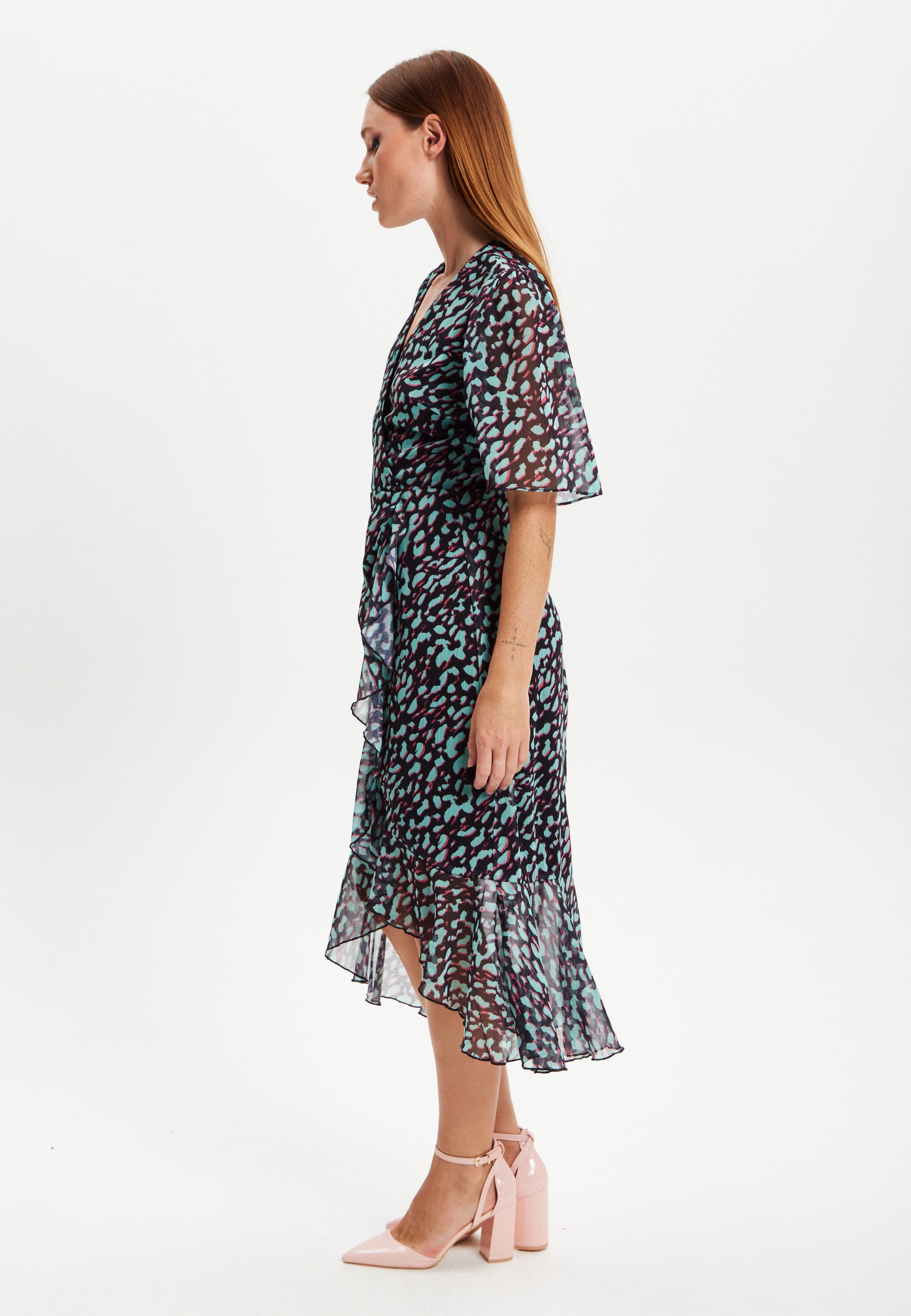 Women's Midi Dress with V-Neck and Long Sleeves in Animal Print Organza - Liquorish