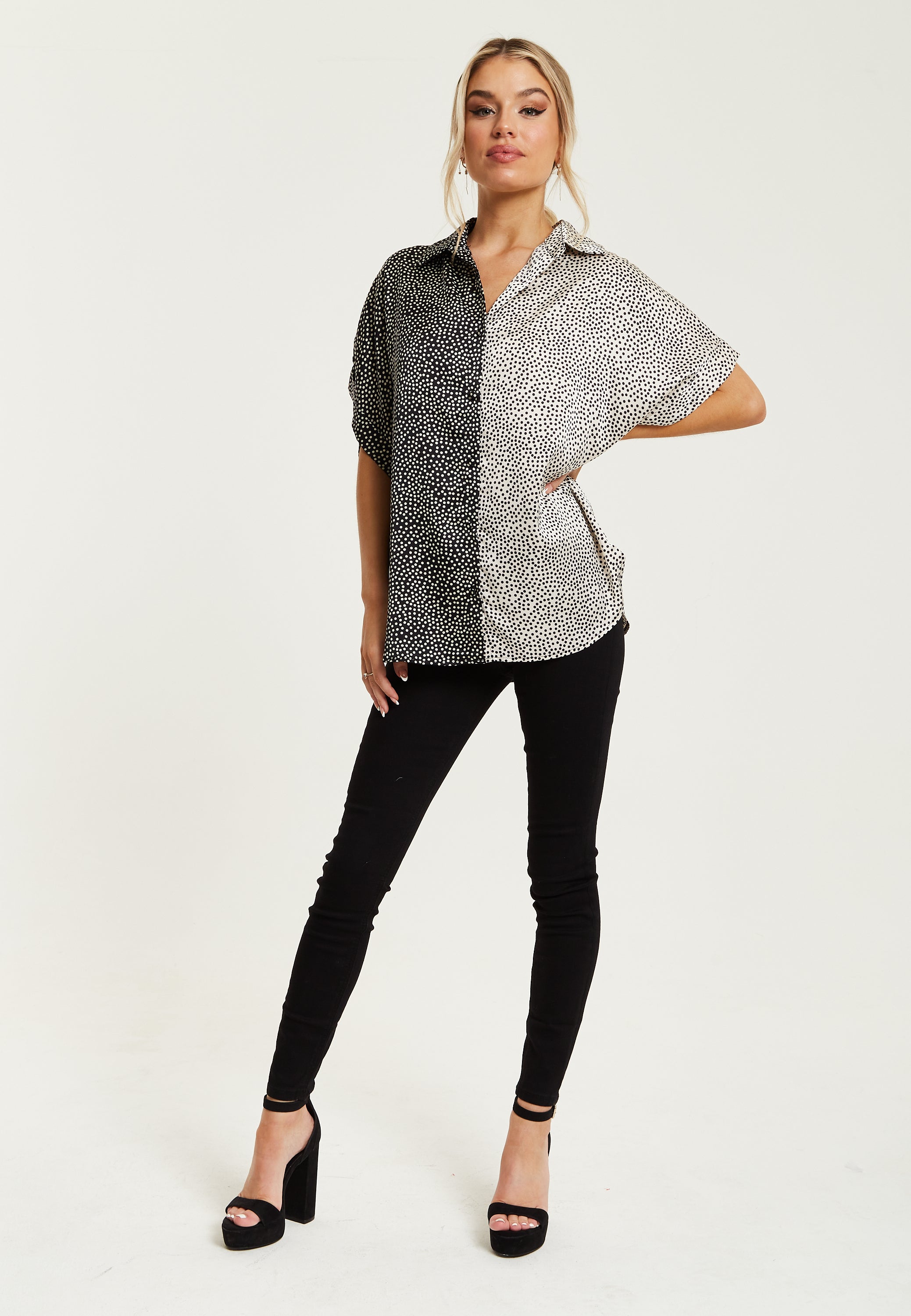 Women’s Monochrome Polka Dot Print Shirt with Short Sleeves, Button-Up Front, Regular Fit, Shirt Collar