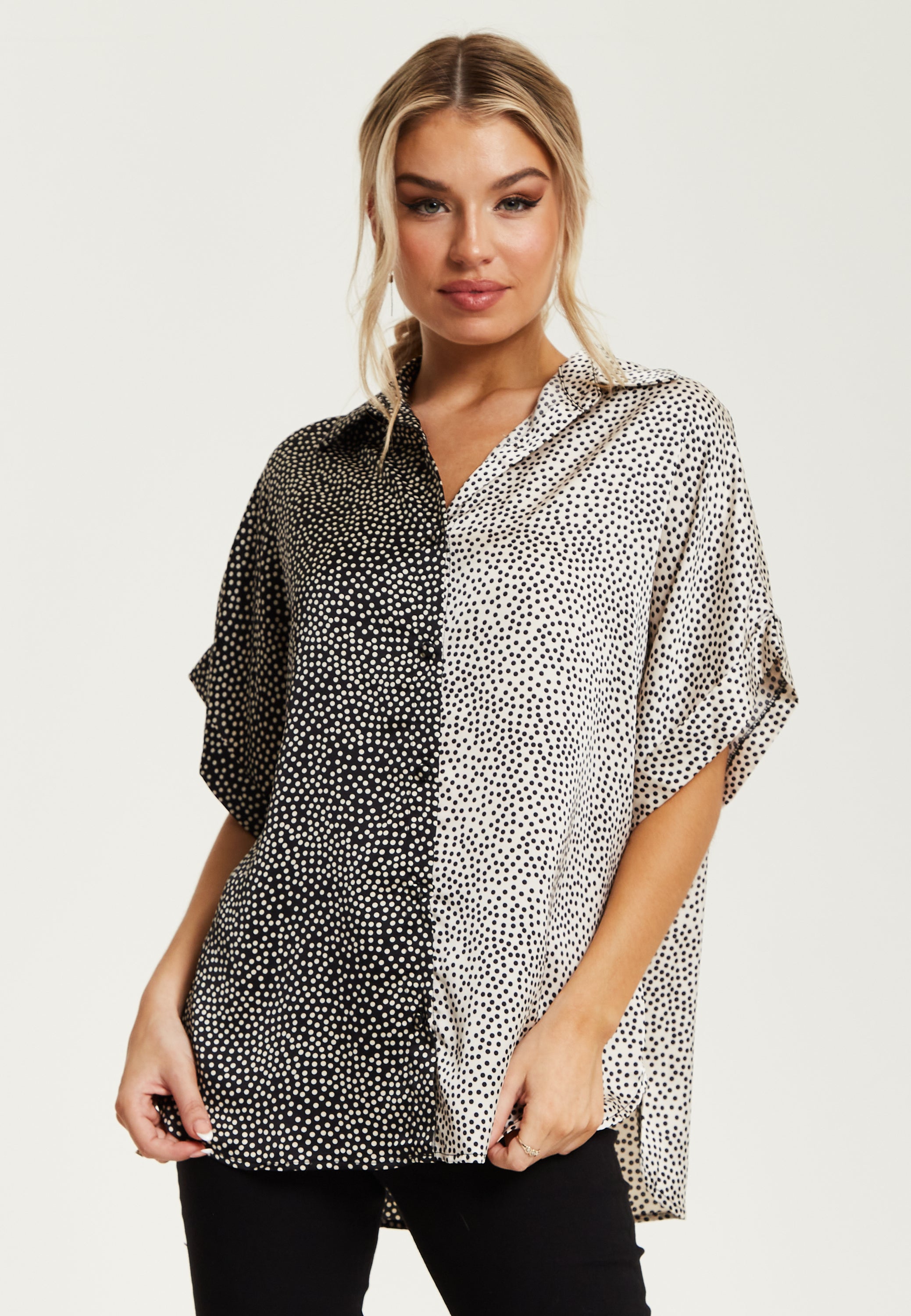 Women’s Monochrome Polka Dot Print Shirt with Short Sleeves, Button-Up Front, Regular Fit, Shirt Collar