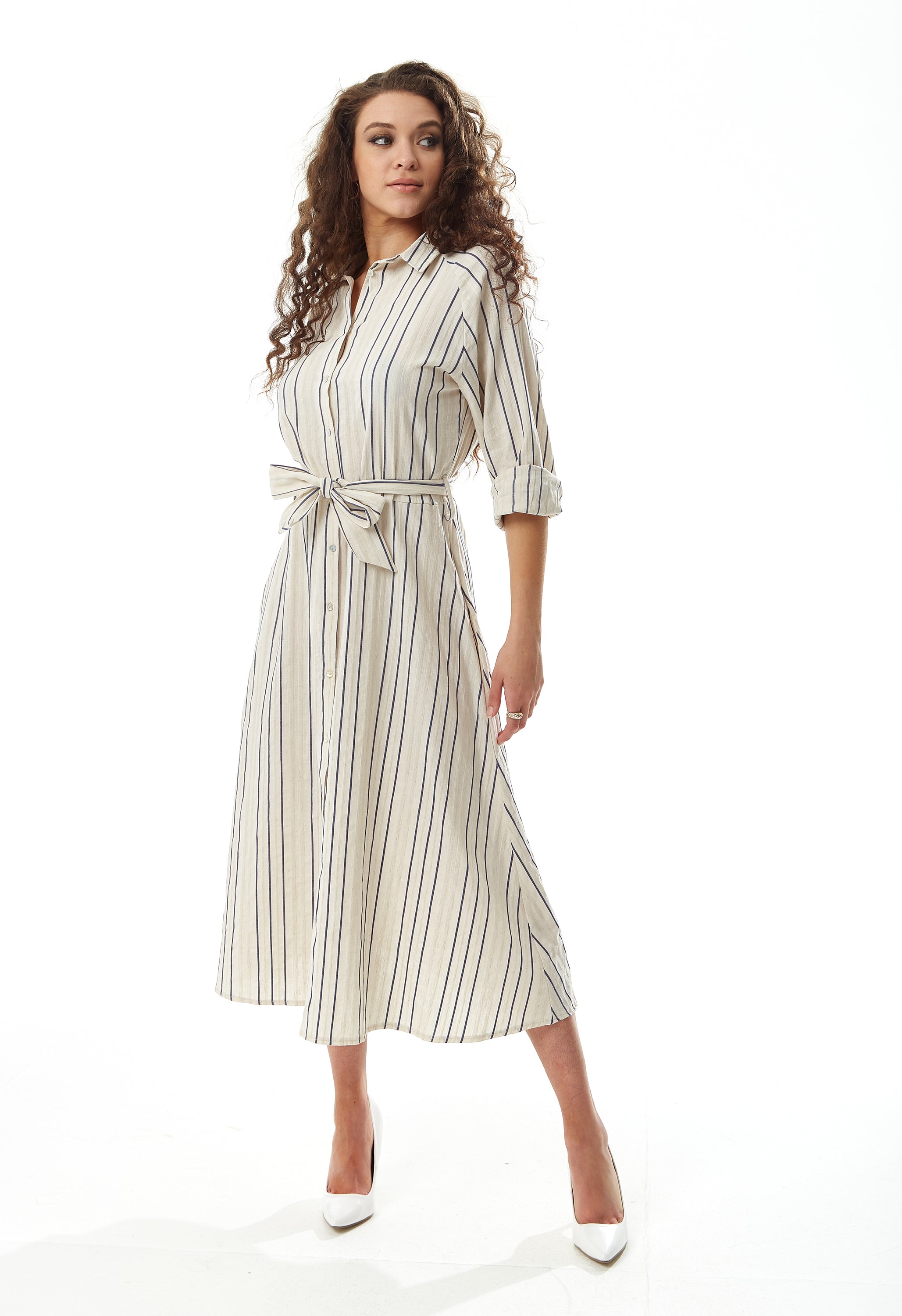 Women's Midi Dress in White with Long Sleeves and Navy Stripes - Elegant Button Up Style by Liquorish