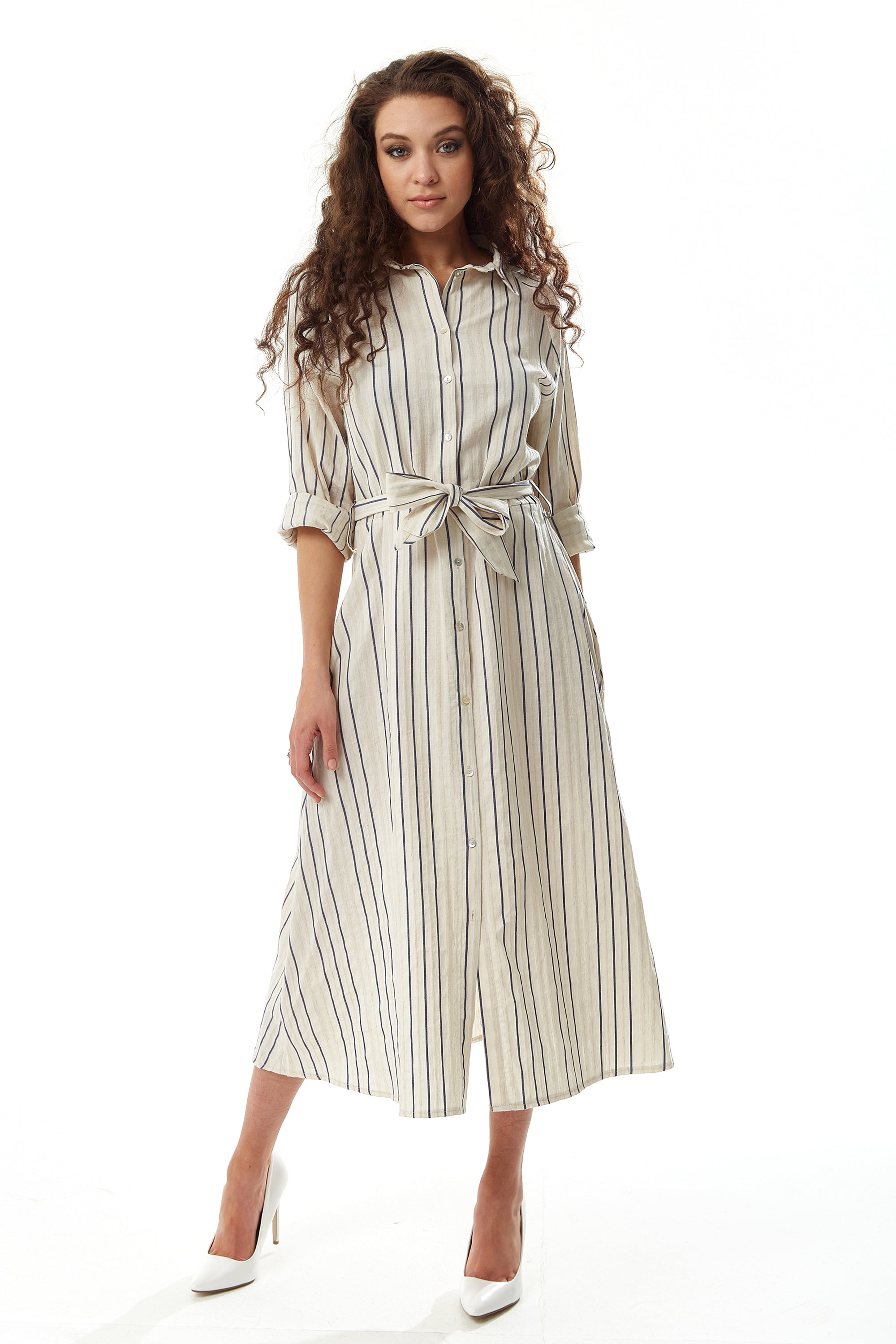 Women's Midi Dress in White with Long Sleeves and Navy Stripes - Elegant Button Up Style by Liquorish