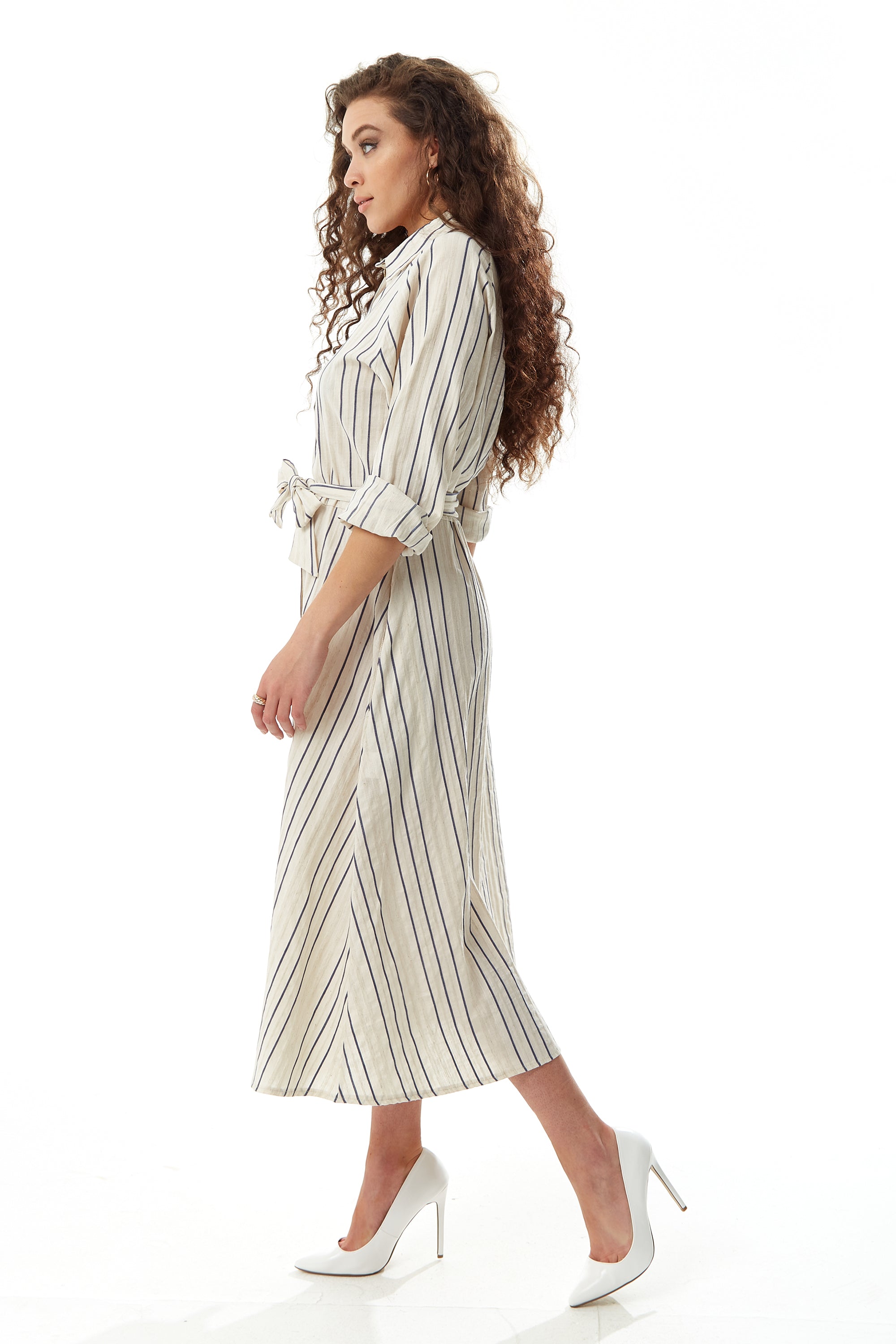 Women's Midi Dress in White with Long Sleeves and Navy Stripes - Elegant Button Up Style by Liquorish
