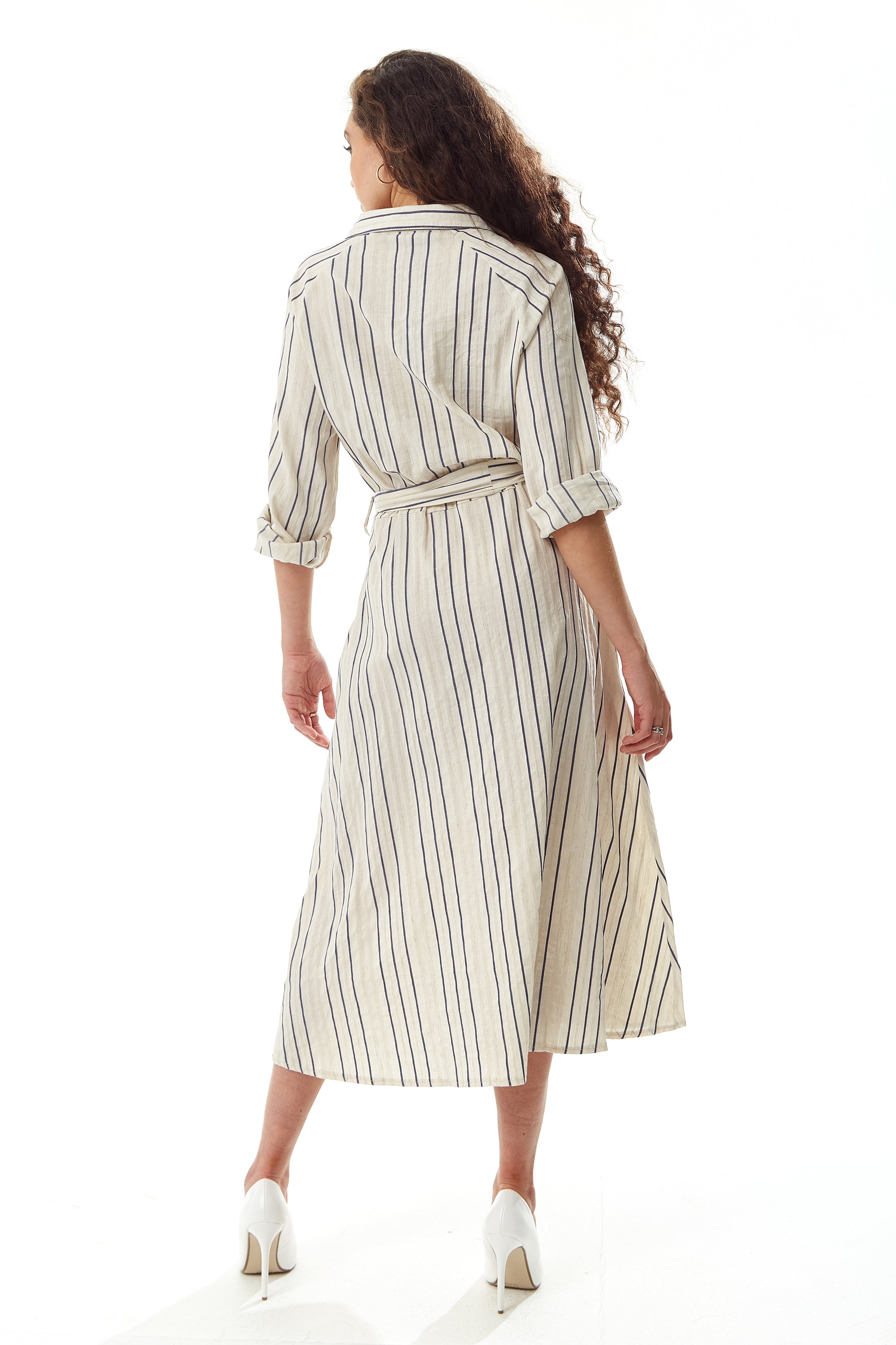 Women's Midi Dress in White with Long Sleeves and Navy Stripes - Elegant Button Up Style by Liquorish