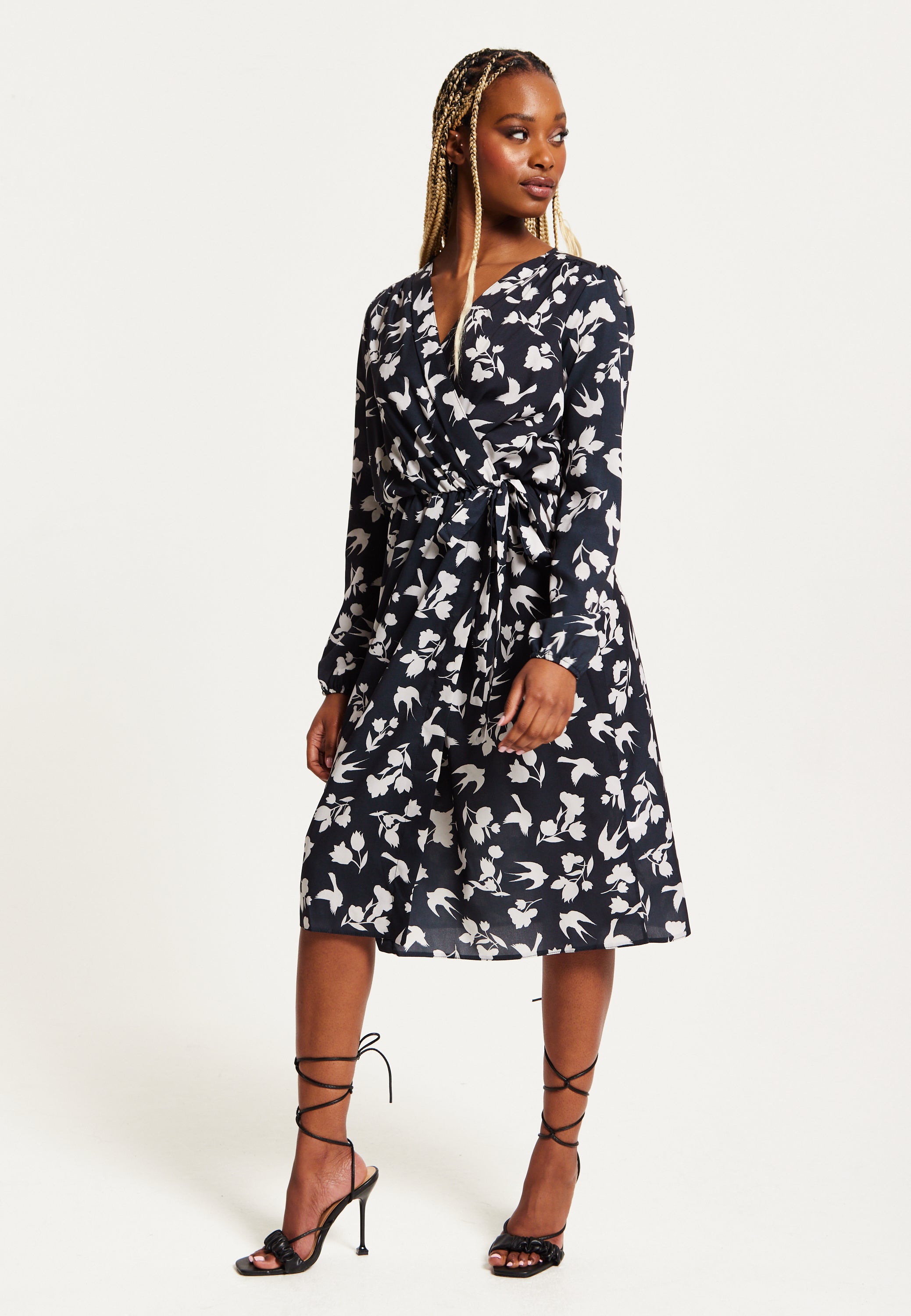 Women's Midi Wrap Dress in Navy with Long Sleeves and Floral & Bird Print - Chic Style by Liquorish