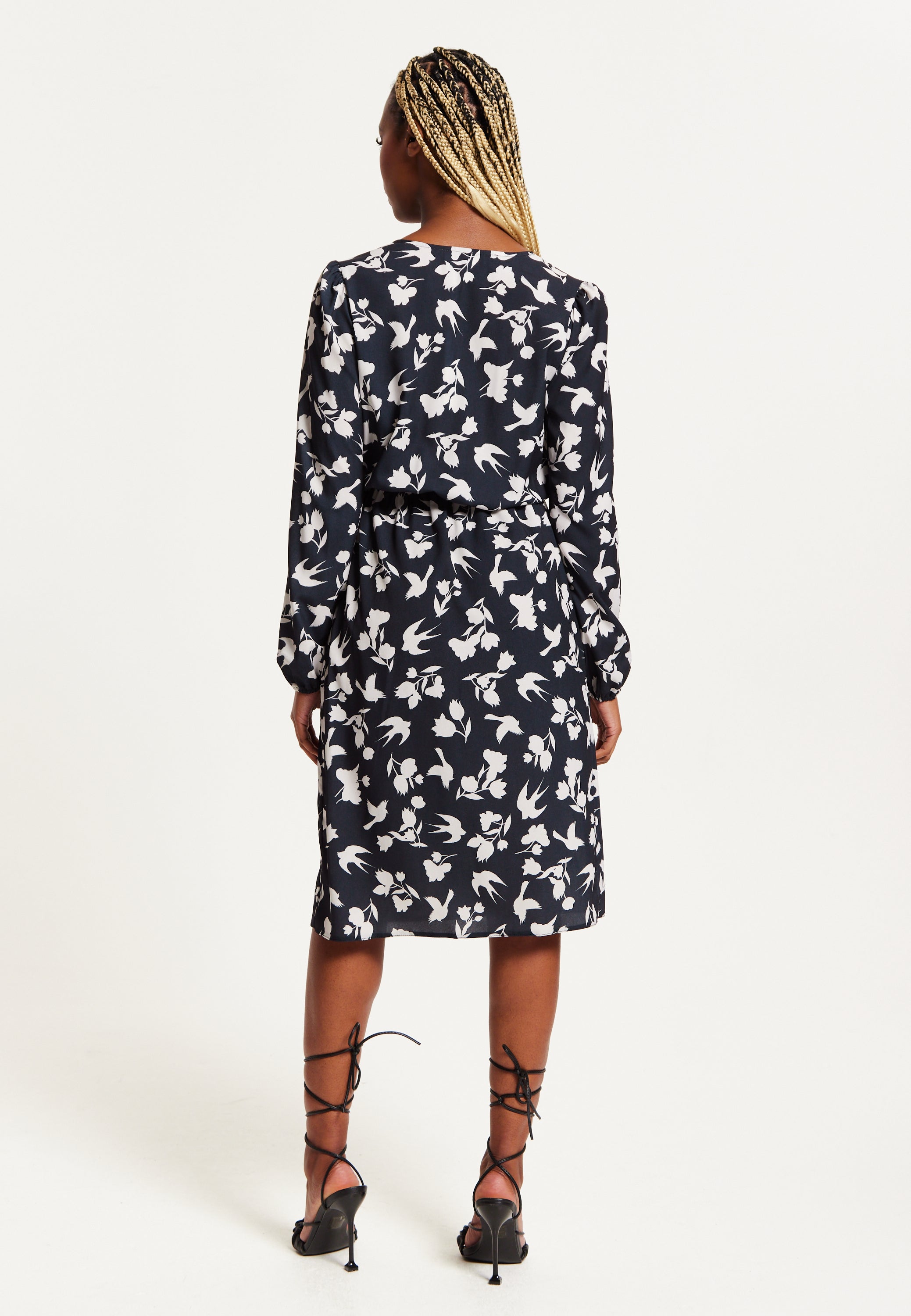 Women's Midi Wrap Dress in Navy with Long Sleeves and Floral & Bird Print - Chic Style by Liquorish