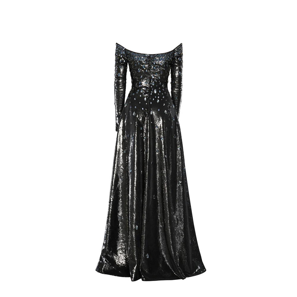 An off the shoulder sequined dress fully embroidered with midnight blue crystals. Absolutely stunning! 