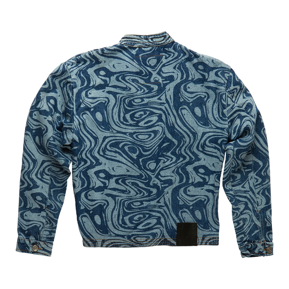 Horde Studio's Andras dark blue men's denim jacket in a contrast motif pattern crafted in rigid denim