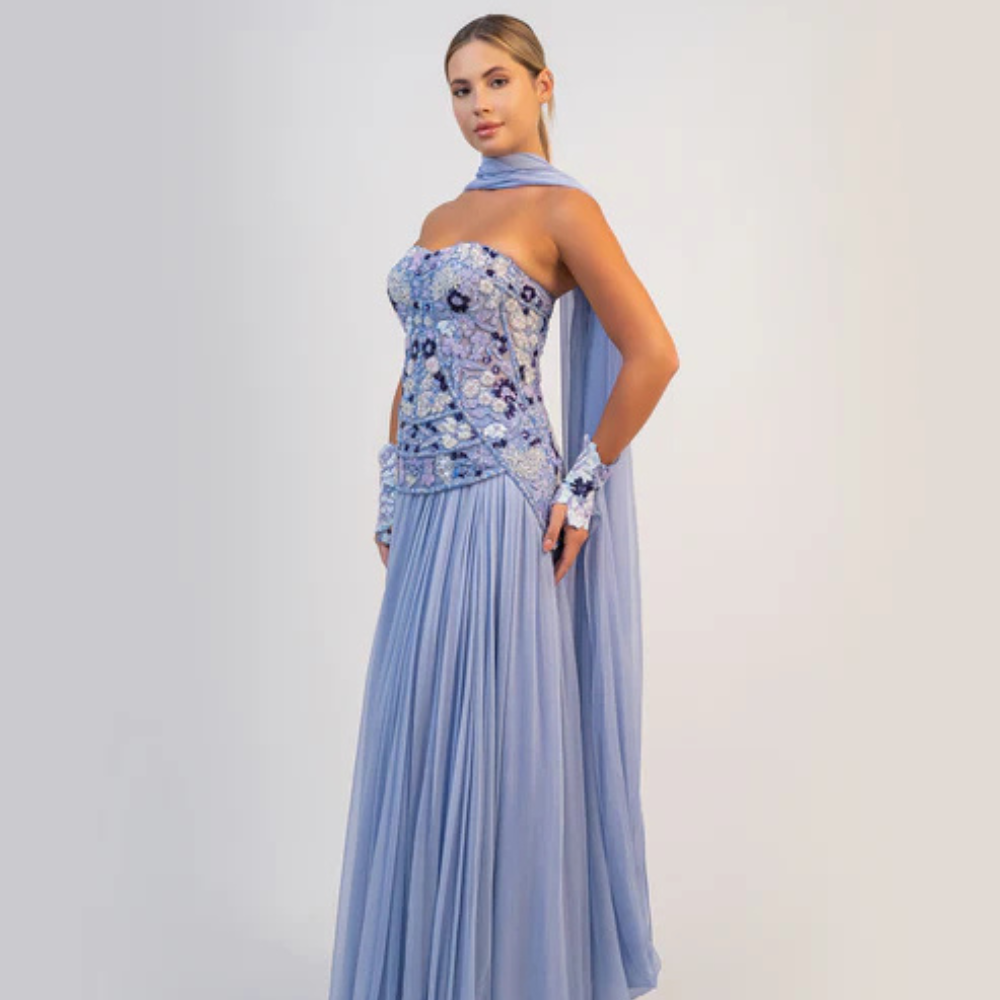 Shop online soft purple-blue gown with beaded floral corset and airy cape silhouette, perfect for parties and special occasions.