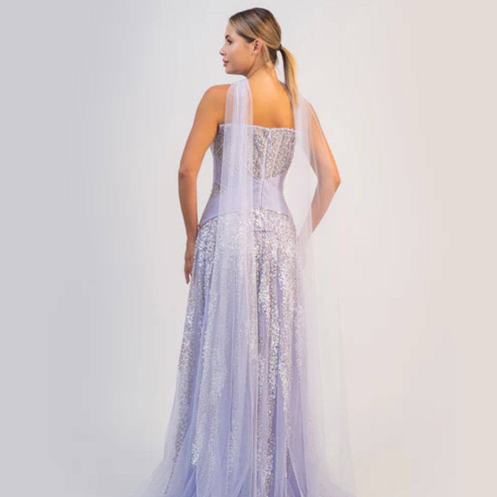 Shop online stunning lavender strapless gown with sparkling corset bodice and flowing shimmering tulle skirt, perfect for parties and special occasions.