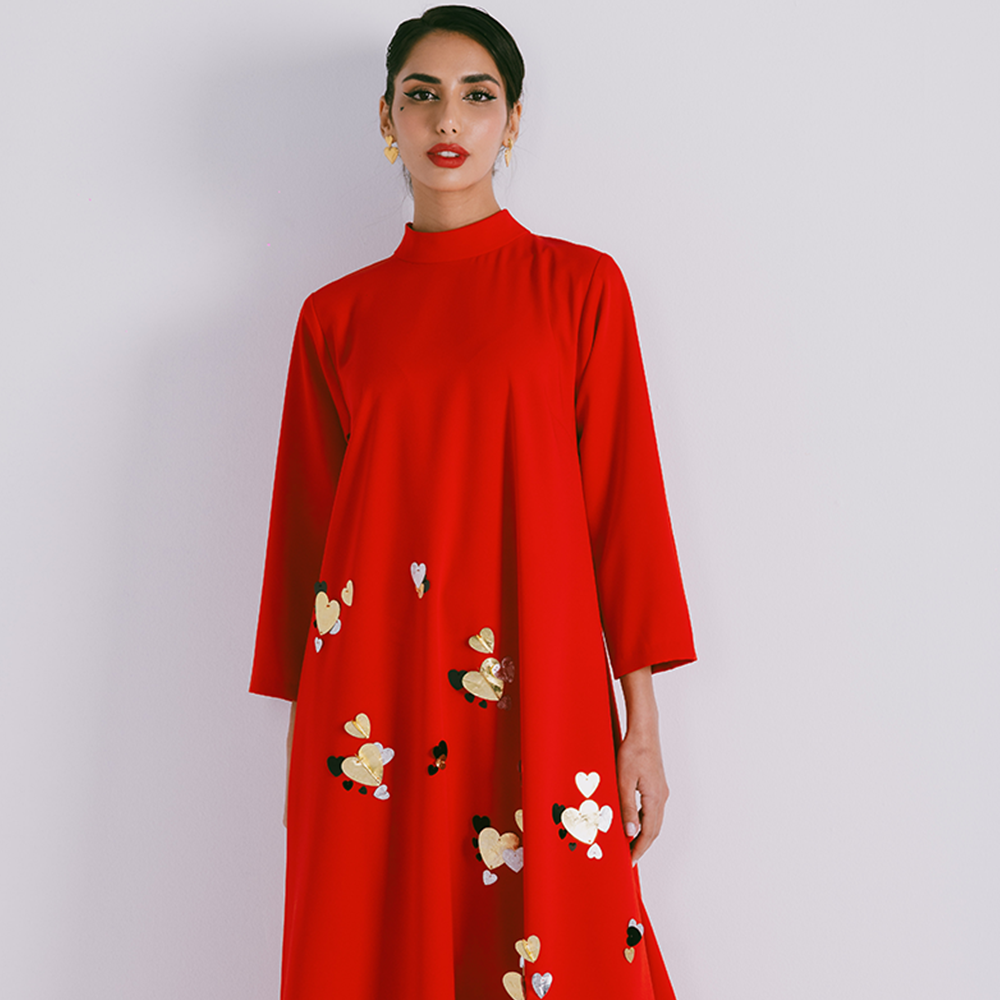 Long sleeve crepe dress with 3D embroidery & high collar neck closed with a bow. Dry clean only. Explore our collection of women clothing. Shop now!