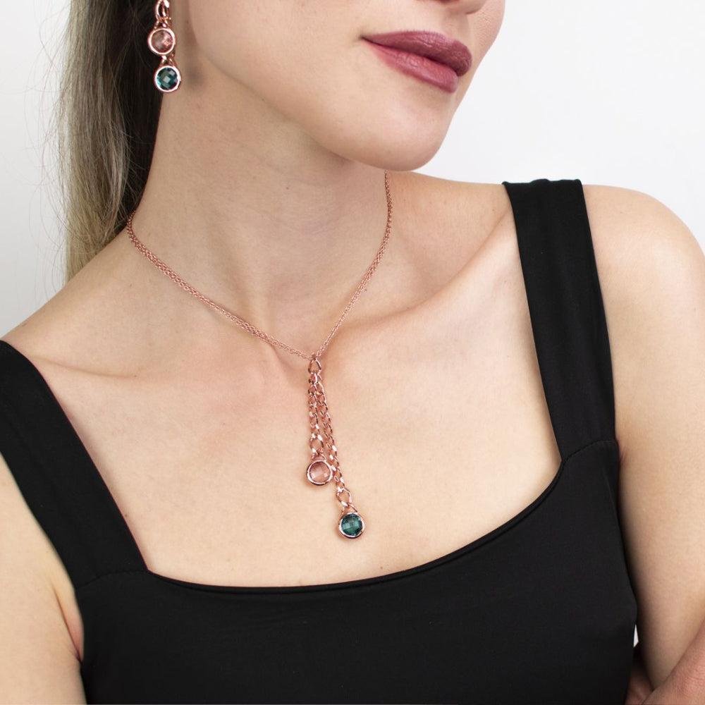 Shop online premium rose gold Y necklace with tourmaline green and antique pink crystals on a double rol chain.