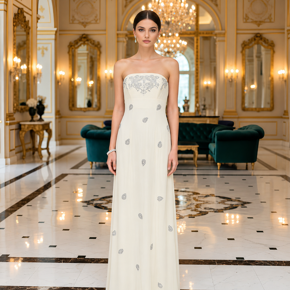 Shop online from our exclusive website. Discover the Abena cream evening gown featuring a sleek column silhouette, elegant floor-length design, and timeless sophistication for weddings, galas, and special occasions.