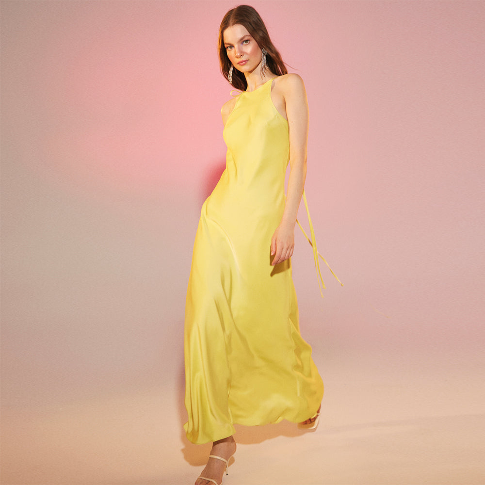 Addie Satin Long Dress in Lime Light