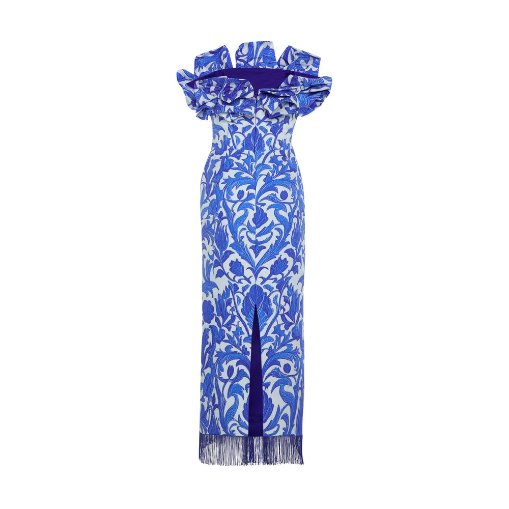 Shop online from our exclusive website and discover the Aegea Dress by Nana Gotti, a strapless crepe midi dress with a cobalt floral print, ruffled neckline, and elegant fringe hem.