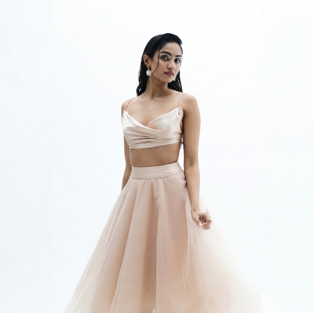 Cowl neck co-ord set with organza skirt and pleated hem, perfect for vacations and resort wear. Shop online from our exclusive collection of premium styles.