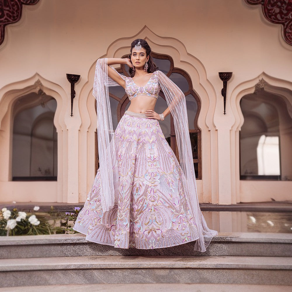 Aurora Fantasy themed lehenga with Art nouveau motifs in colorful bands with wing dupatta blouse.