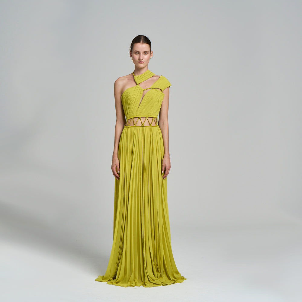 Maxi Evening Dress .Asymmetrical pattern .Brit detailed .Low back .Slit .Pleated detail .Mini-lined
